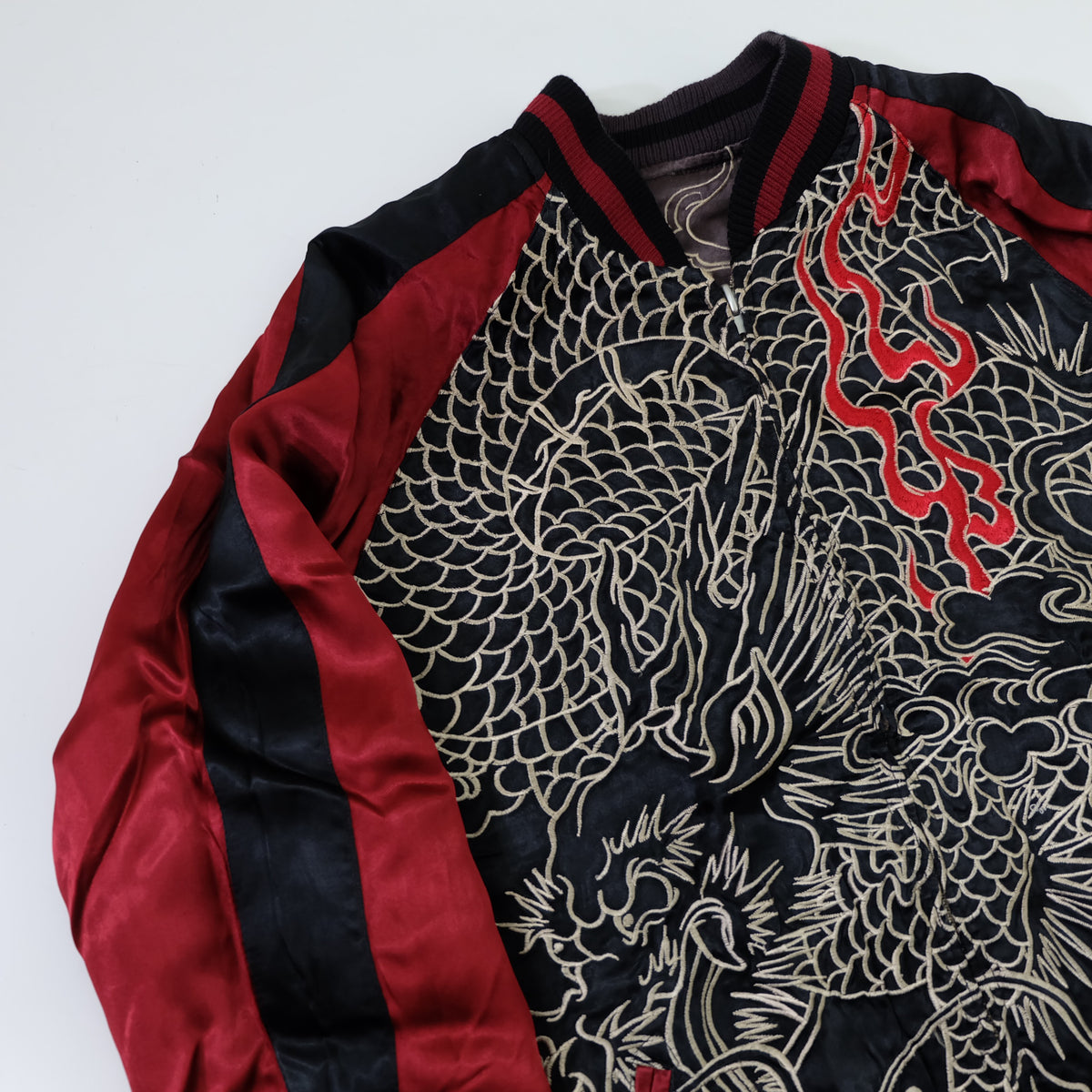 Japanese Reversible Dragon Sukajan Jacket Size M | Black Red Brown Embroidered Ryū Flame Yokosuka Souvenir Bomber