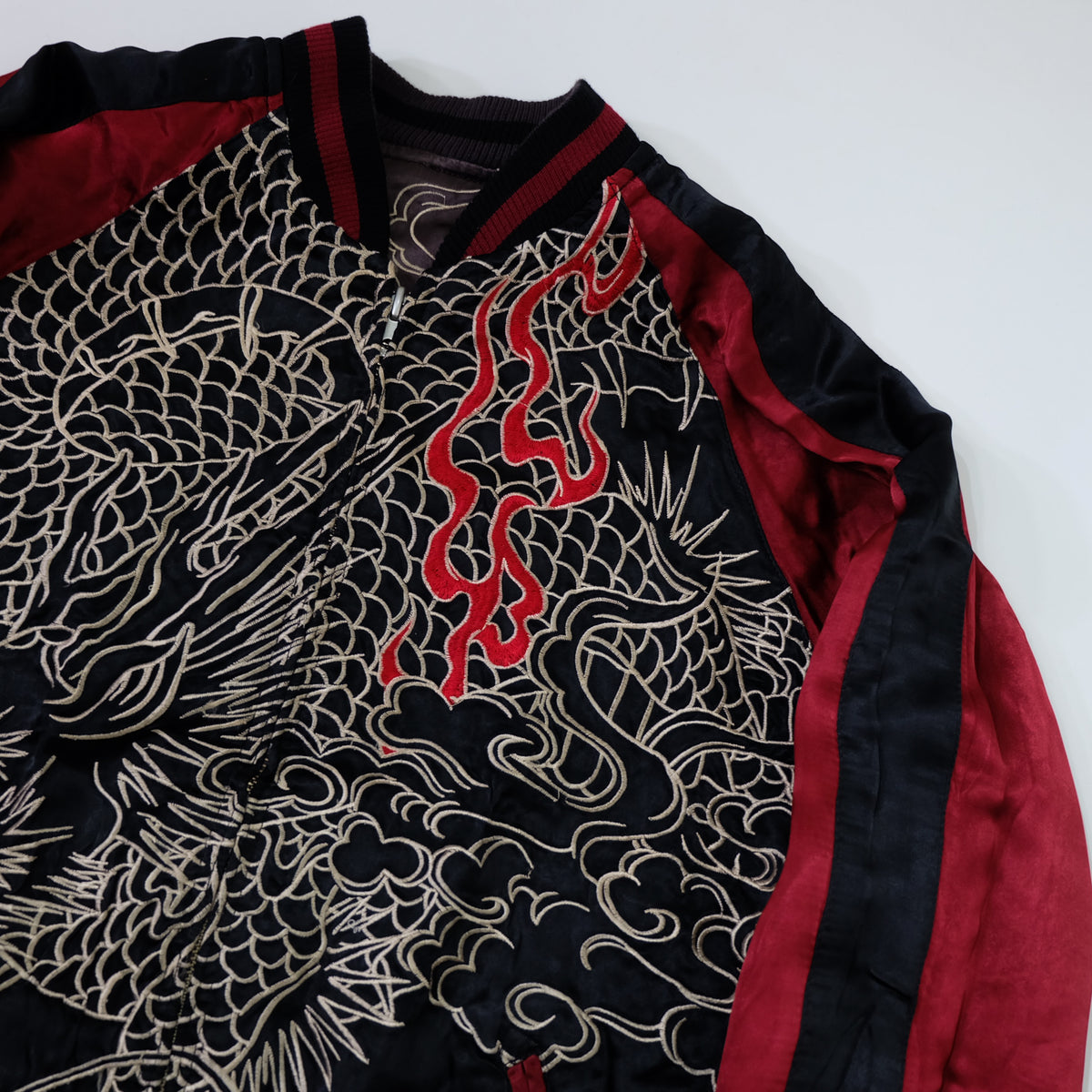 Japanese Reversible Dragon Sukajan Jacket Size M | Black Red Brown Embroidered Ryū Flame Yokosuka Souvenir Bomber