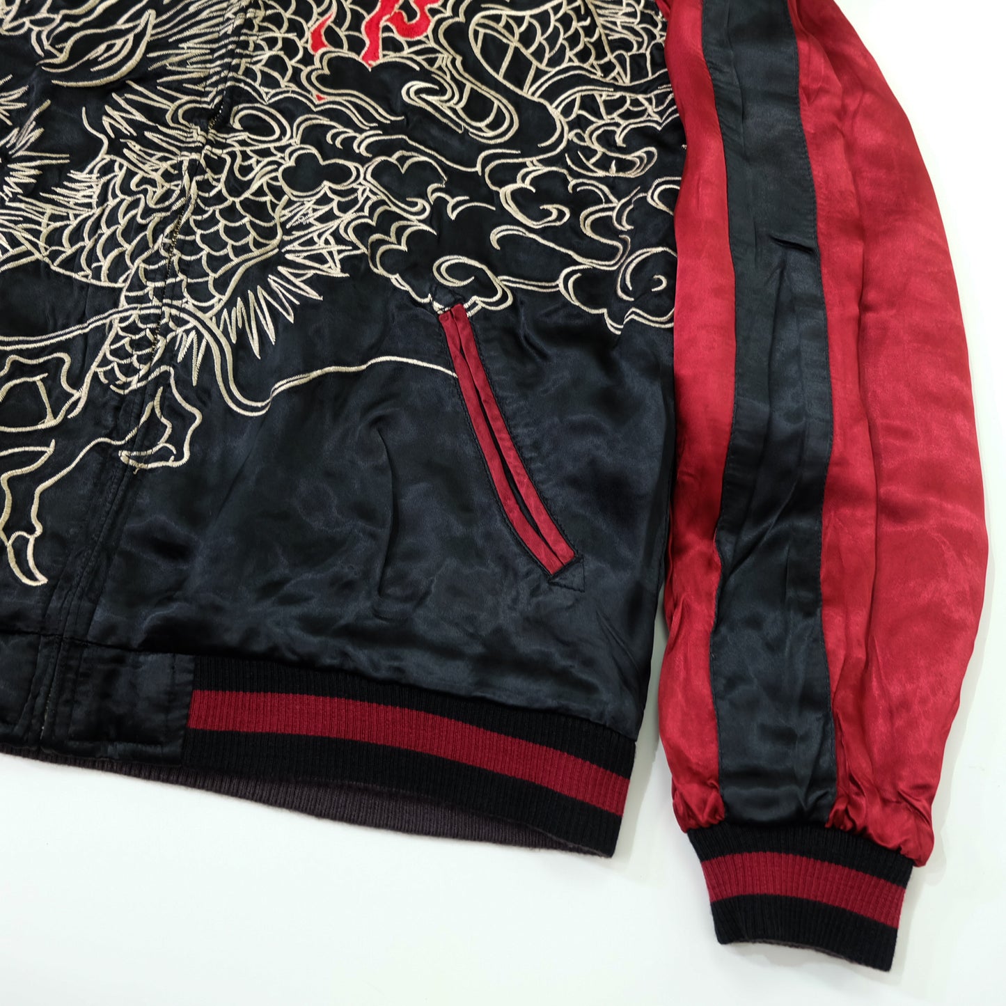 Japanese Reversible Dragon Sukajan Jacket Size M | Black Red Brown Embroidered Ryū Flame Yokosuka Souvenir Bomber
