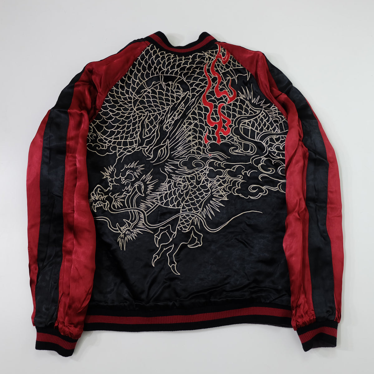 Japanese Reversible Dragon Sukajan Jacket Size M | Black Red Brown Embroidered Ryū Flame Yokosuka Souvenir Bomber
