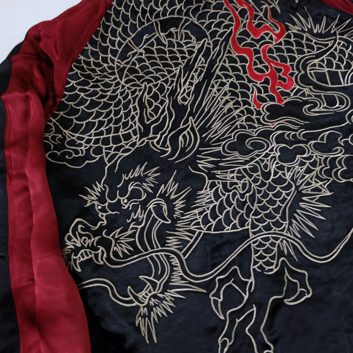 Japanese Reversible Dragon Sukajan Jacket Size M | Black Red Brown Embroidered Ryū Flame Yokosuka Souvenir Bomber