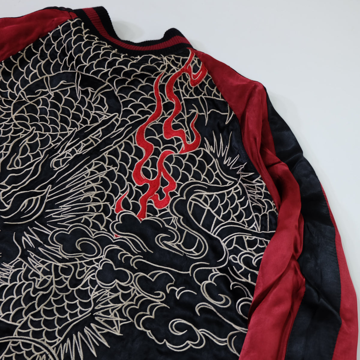 Japanese Reversible Dragon Sukajan Jacket Size M | Black Red Brown Embroidered Ryū Flame Yokosuka Souvenir Bomber