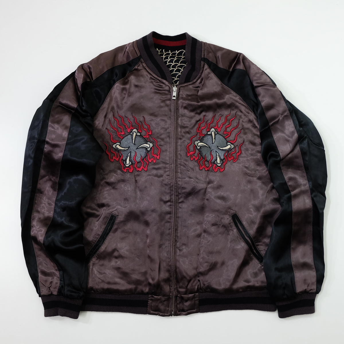 Japanese Reversible Dragon Sukajan Jacket Size M | Black Red Brown Embroidered Ryū Flame Yokosuka Souvenir Bomber