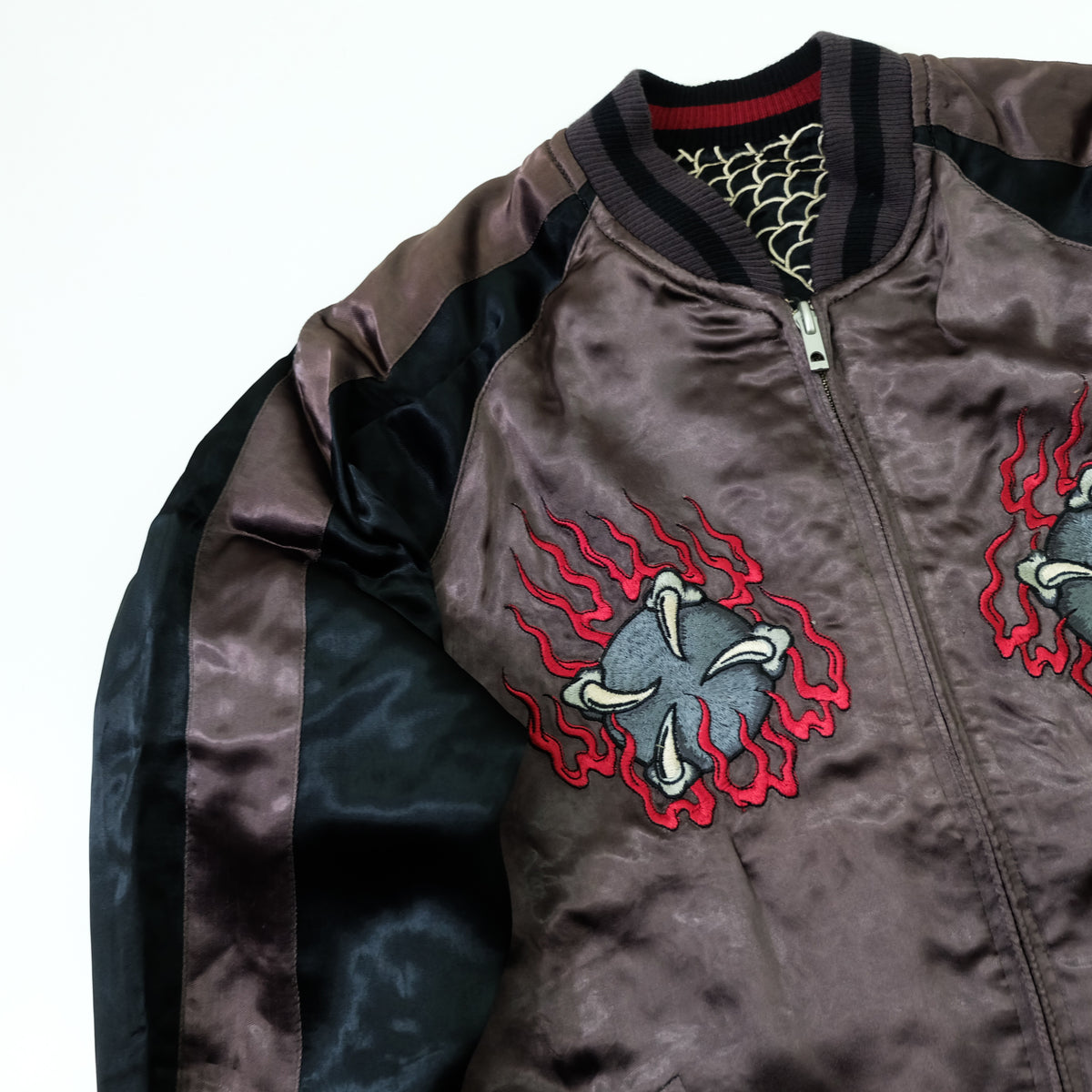 Japanese Reversible Dragon Sukajan Jacket Size M | Black Red Brown Embroidered Ryū Flame Yokosuka Souvenir Bomber