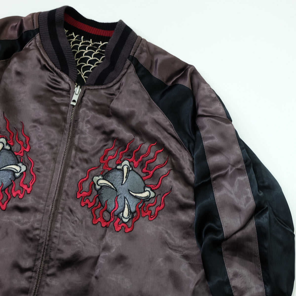 Japanese Reversible Dragon Sukajan Jacket Size M | Black Red Brown Embroidered Ryū Flame Yokosuka Souvenir Bomber