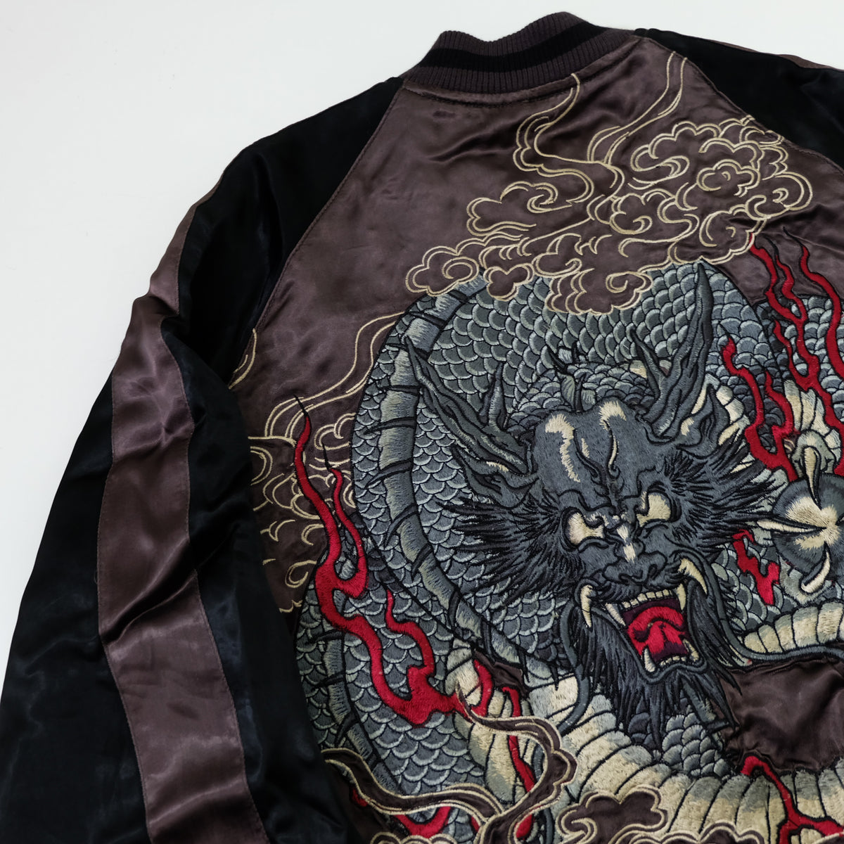 Japanese Reversible Dragon Sukajan Jacket Size M | Black Red Brown Embroidered Ryū Flame Yokosuka Souvenir Bomber