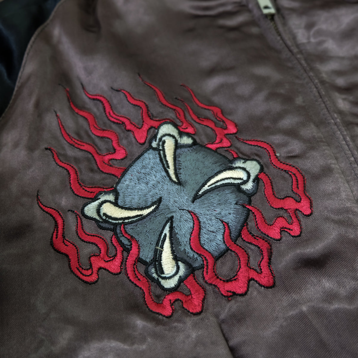 Japanese Reversible Dragon Sukajan Jacket Size M | Black Red Brown Embroidered Ryū Flame Yokosuka Souvenir Bomber