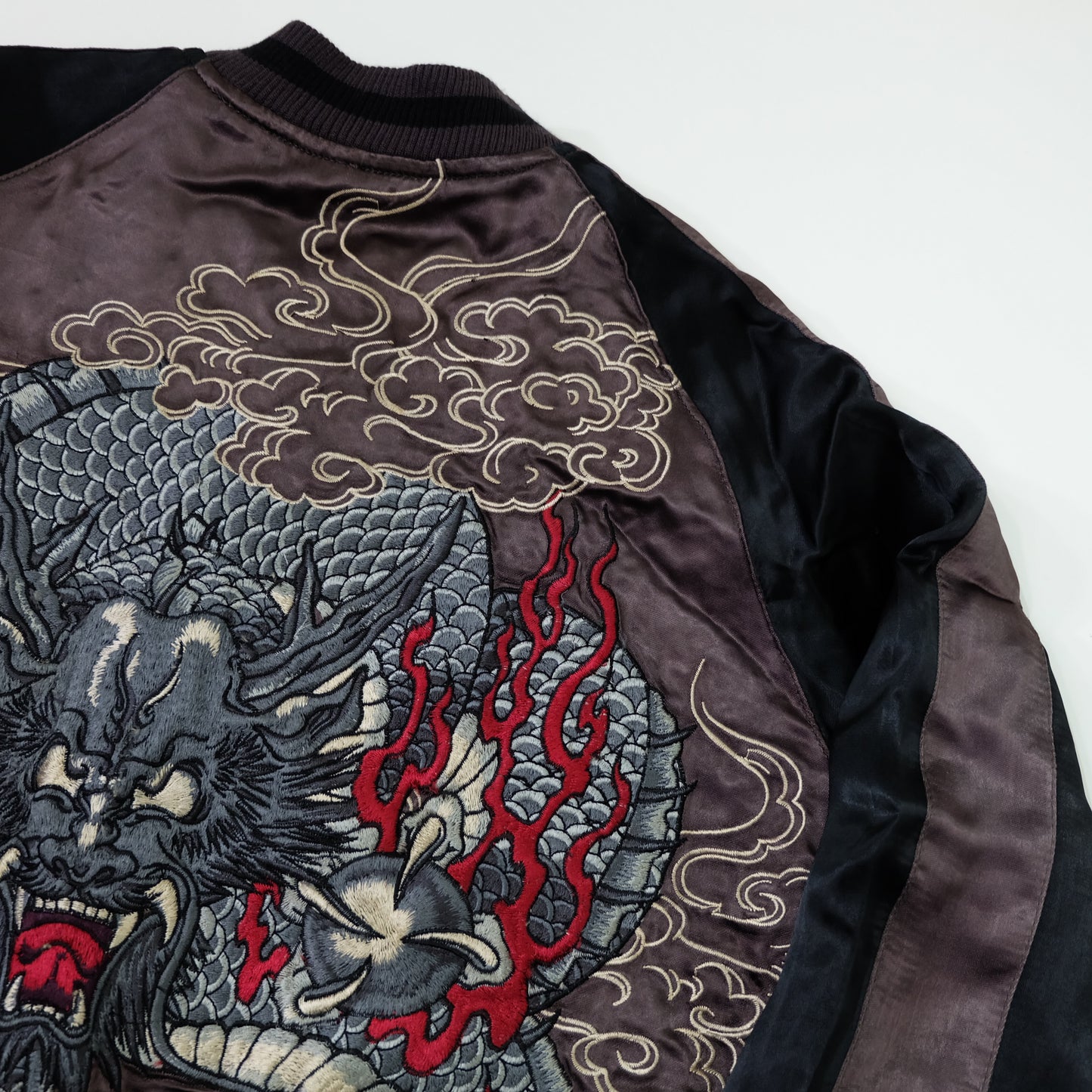 Japanese Reversible Dragon Sukajan Jacket Size M | Black Red Brown Embroidered Ryū Flame Yokosuka Souvenir Bomber