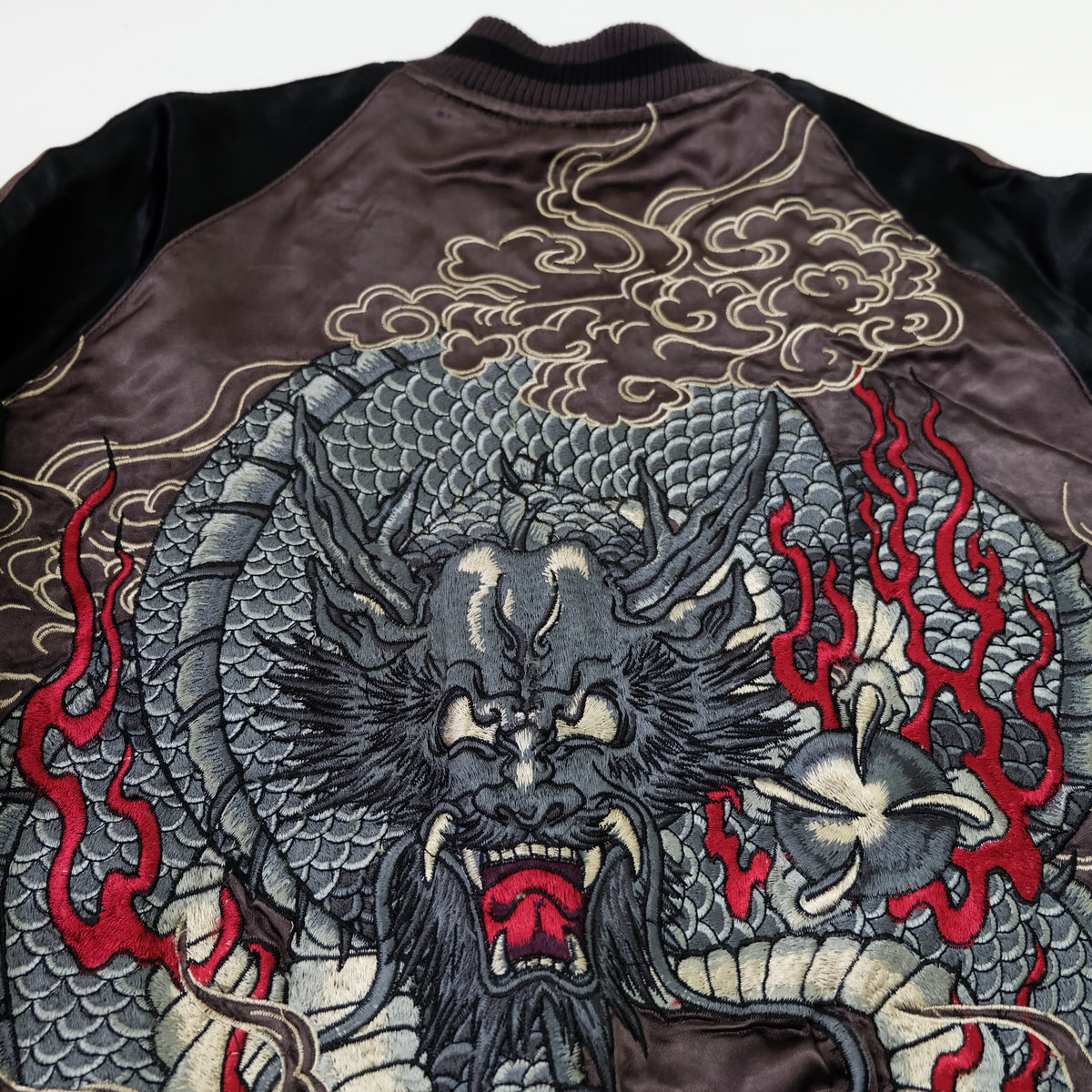 Japanese Reversible Dragon Sukajan Jacket Size M | Black Red Brown Embroidered Ryū Flame Yokosuka Souvenir Bomber