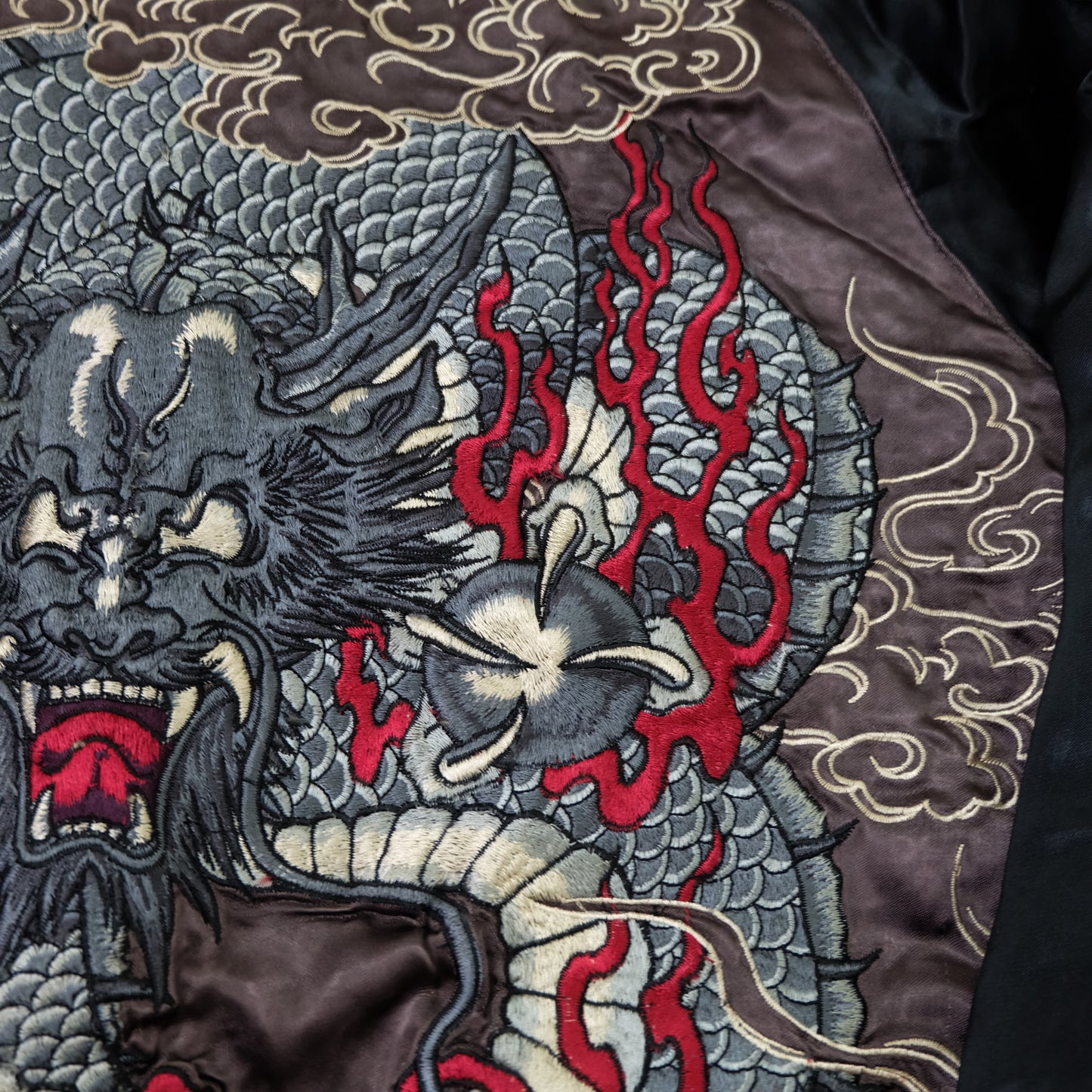 Japanese Reversible Dragon Sukajan Jacket Size M | Black Red Brown Embroidered Ryū Flame Yokosuka Souvenir Bomber