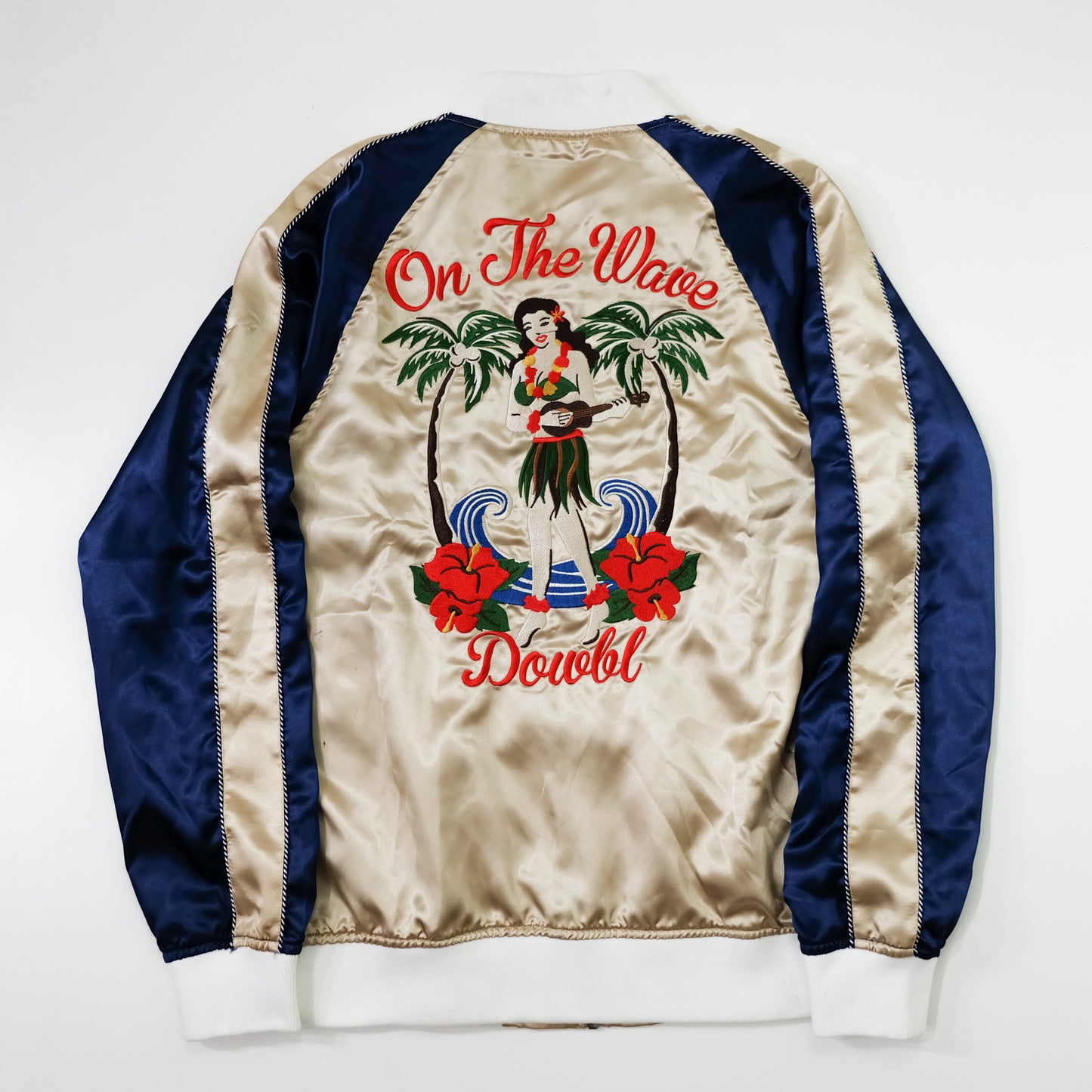 DOWBL On The Wave Hawaiian Hula Girl Sukajan Jacket Size M | Japan Embroidered Aloha Souvenir Bomber