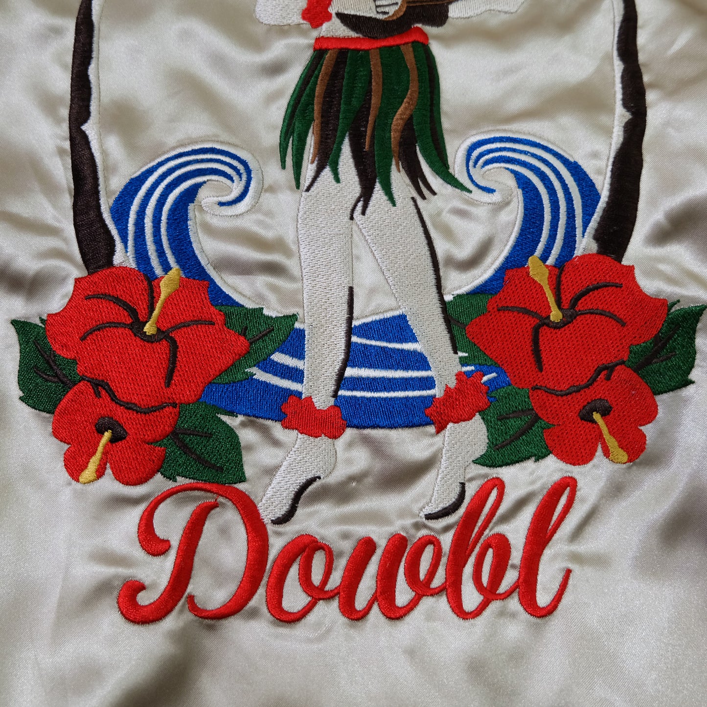 DOWBL On The Wave Hawaiian Hula Girl Sukajan Jacket Size M | Japan Embroidered Aloha Souvenir Bomber