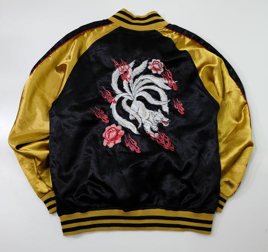 Kyoka Suigetsu Nine-Tailed Fox Kitsune Sukajan Jacket | Black Gold Embroidered Japanese Souvenir Bomber Size L