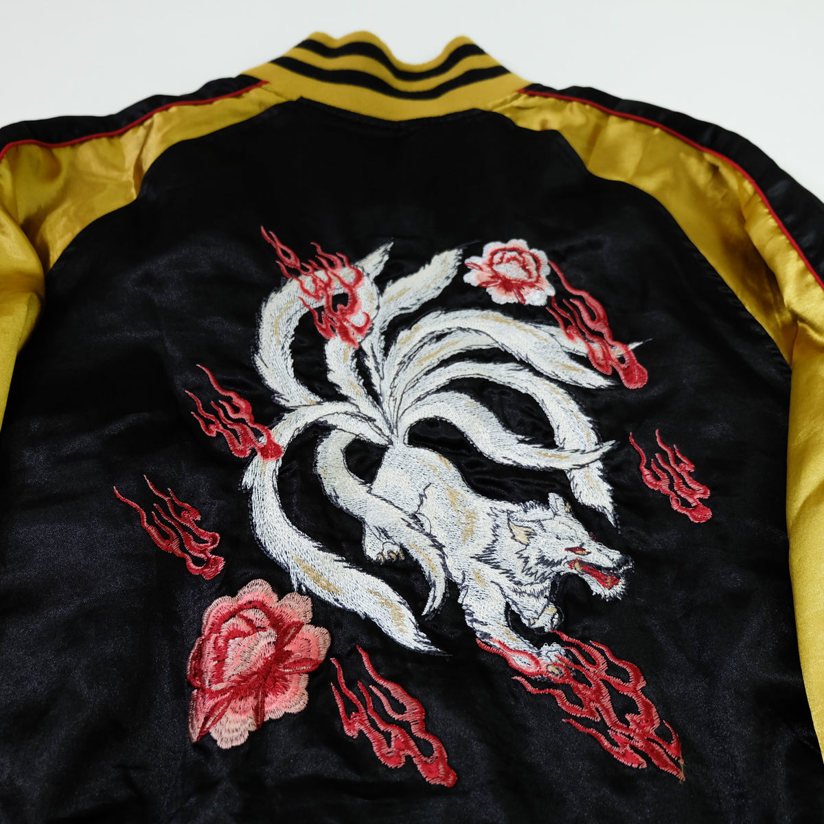 Kyoka Suigetsu Nine-Tailed Fox Kitsune Sukajan Jacket | Black Gold Embroidered Japanese Souvenir Bomber Size L