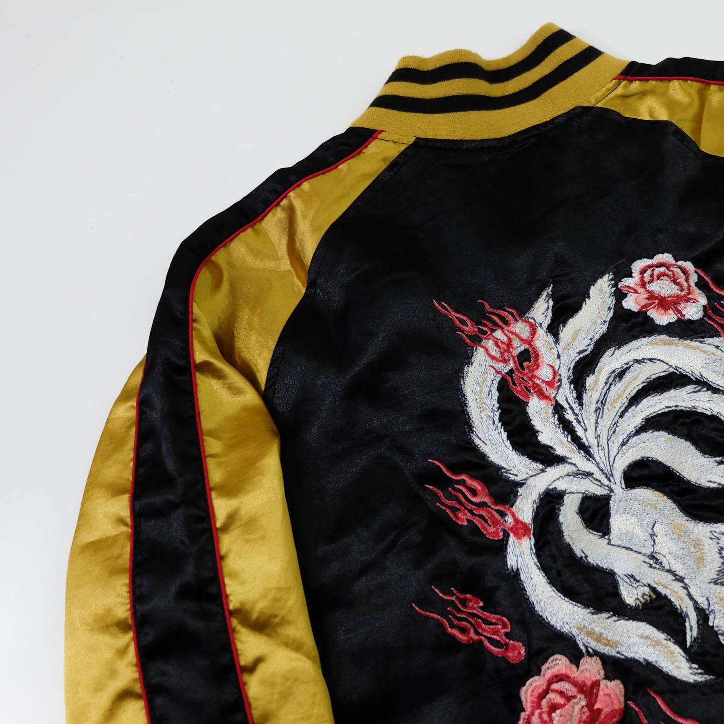 Kyoka Suigetsu Nine-Tailed Fox Kitsune Sukajan Jacket | Black Gold Embroidered Japanese Souvenir Bomber Size L