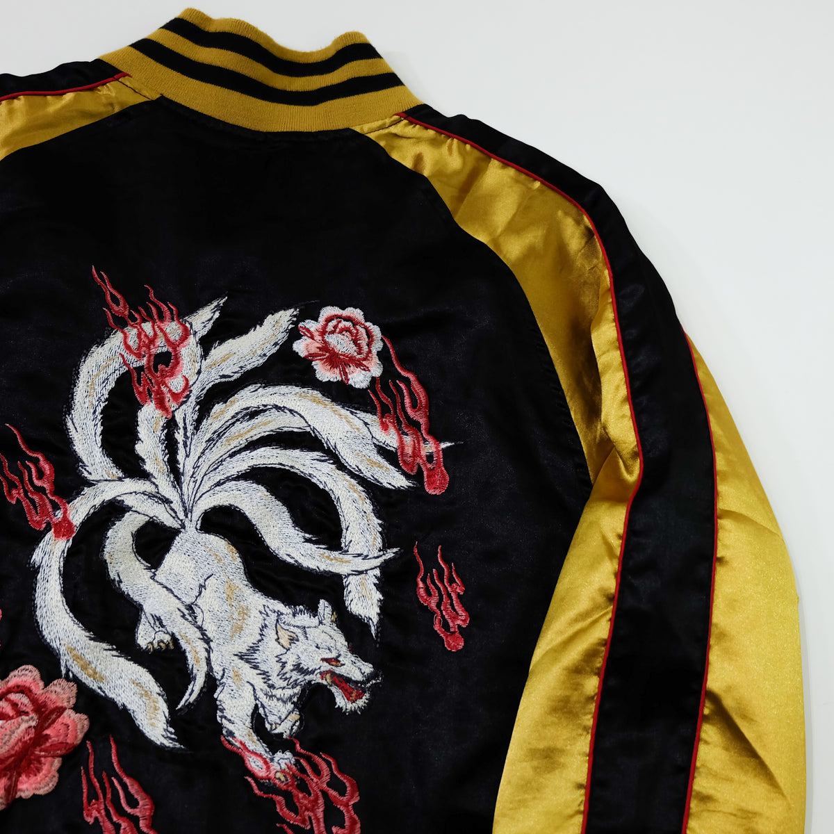 Kyoka Suigetsu Nine-Tailed Fox Kitsune Sukajan Jacket | Black Gold Embroidered Japanese Souvenir Bomber Size L