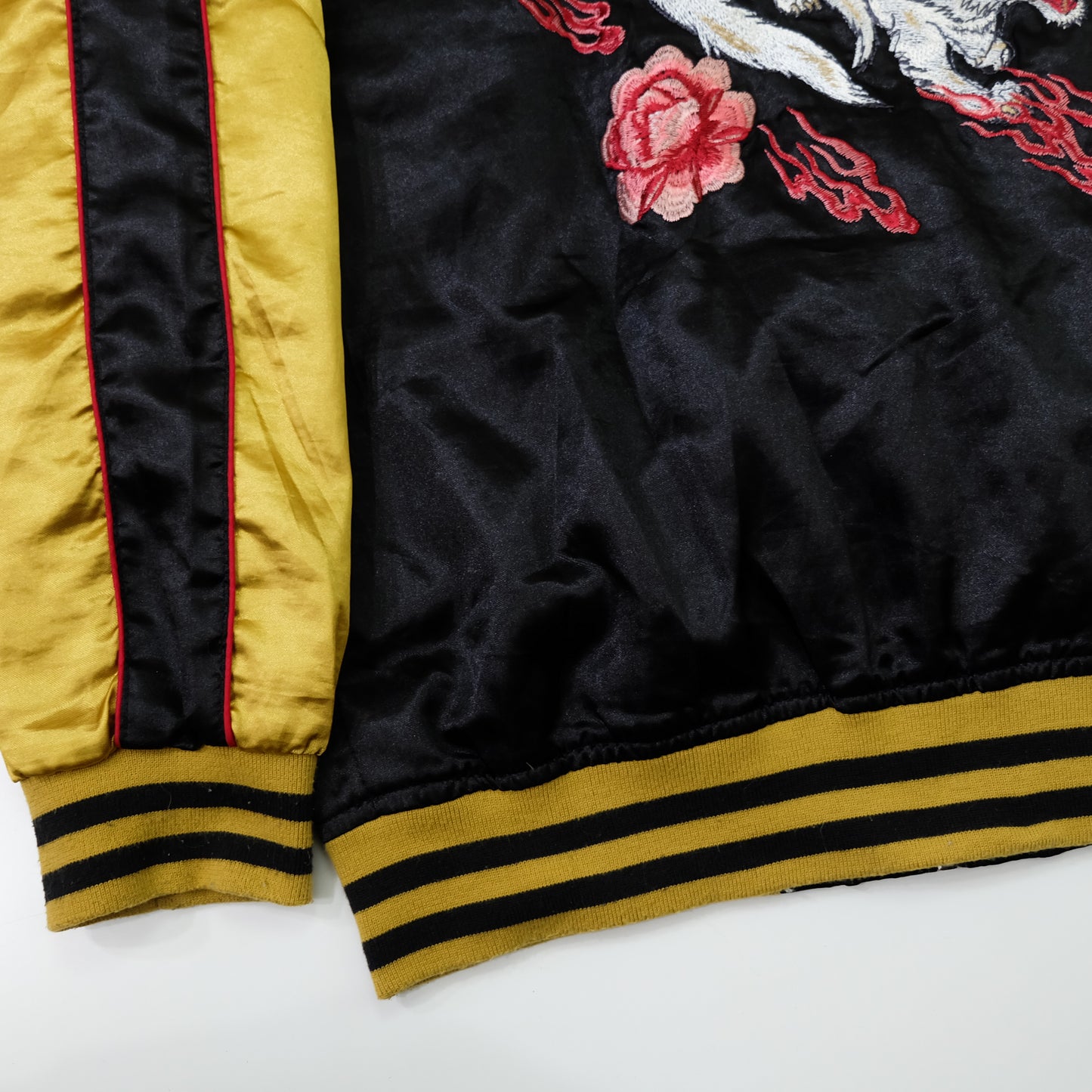 Kyoka Suigetsu Nine-Tailed Fox Kitsune Sukajan Jacket | Black Gold Embroidered Japanese Souvenir Bomber Size L