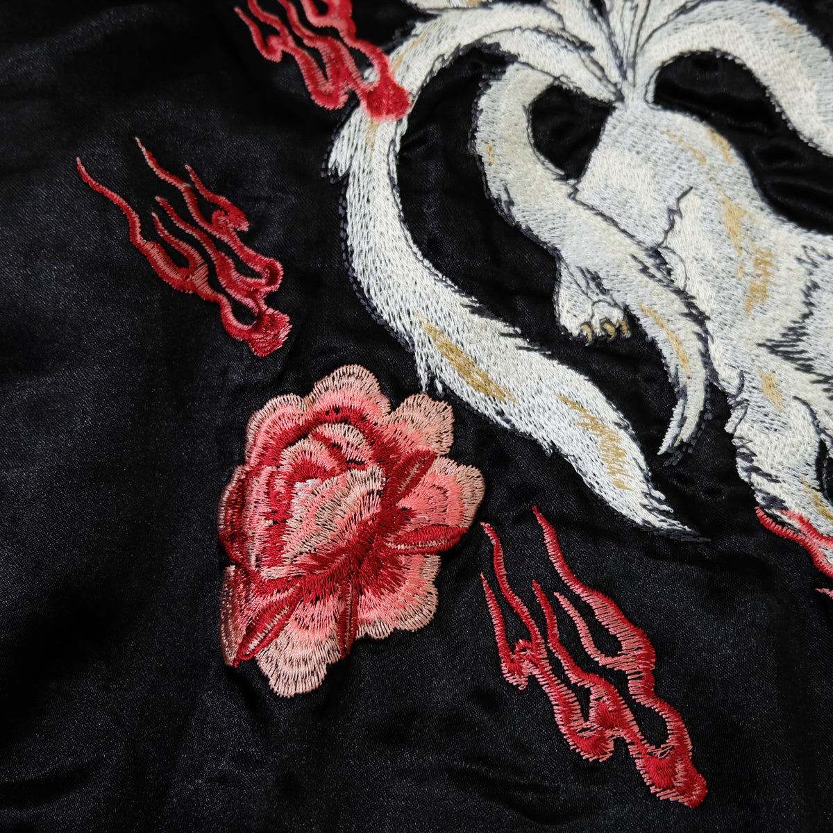Kyoka Suigetsu Nine-Tailed Fox Kitsune Sukajan Jacket | Black Gold Embroidered Japanese Souvenir Bomber Size L