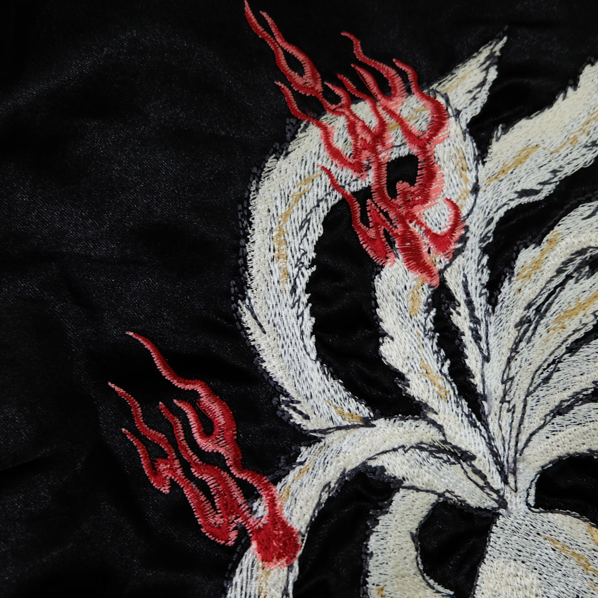 Kyoka Suigetsu Nine-Tailed Fox Kitsune Sukajan Jacket | Black Gold Embroidered Japanese Souvenir Bomber Size L