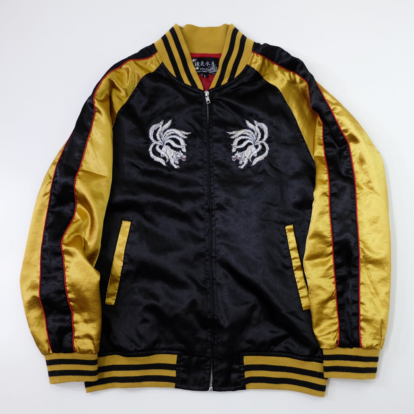Kyoka Suigetsu Nine-Tailed Fox Kitsune Sukajan Jacket | Black Gold Embroidered Japanese Souvenir Bomber Size L