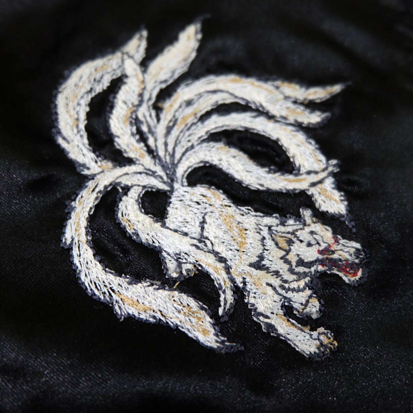 Kyoka Suigetsu Nine-Tailed Fox Kitsune Sukajan Jacket | Black Gold Embroidered Japanese Souvenir Bomber Size L