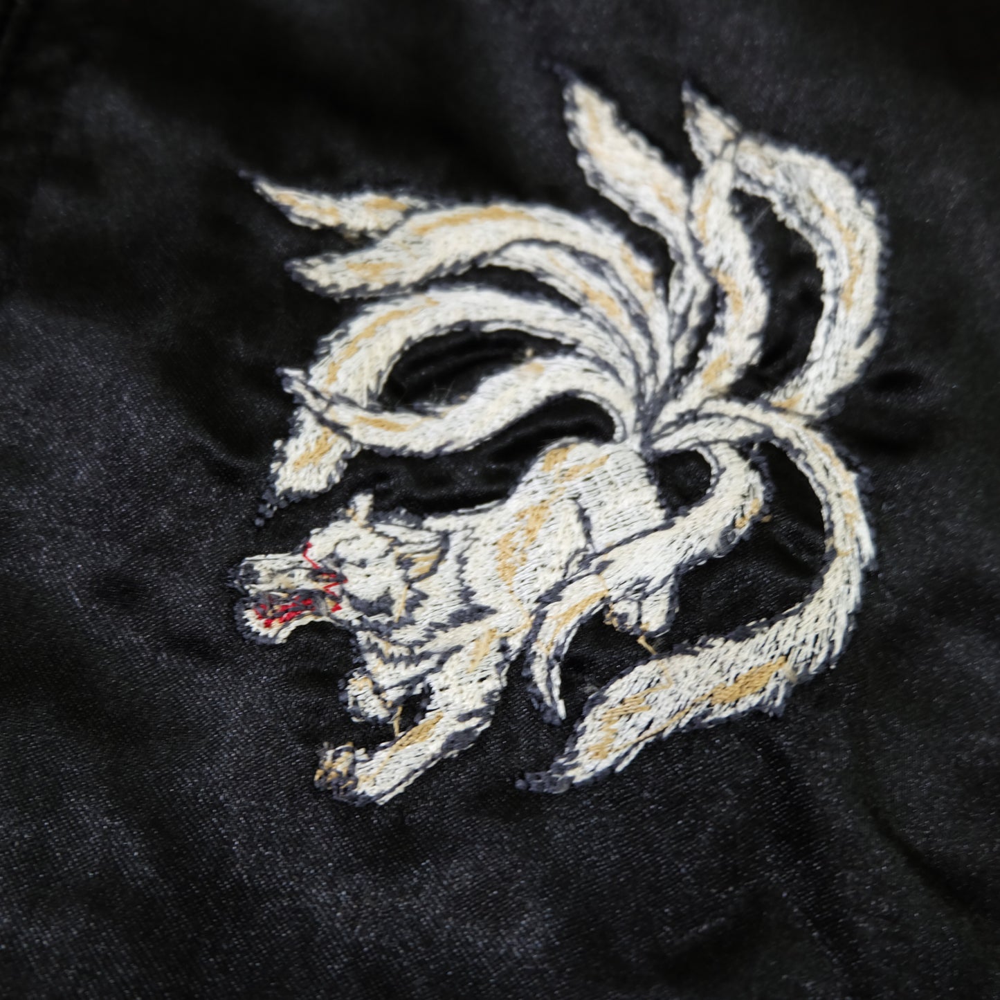 Kyoka Suigetsu Nine-Tailed Fox Kitsune Sukajan Jacket | Black Gold Embroidered Japanese Souvenir Bomber Size L