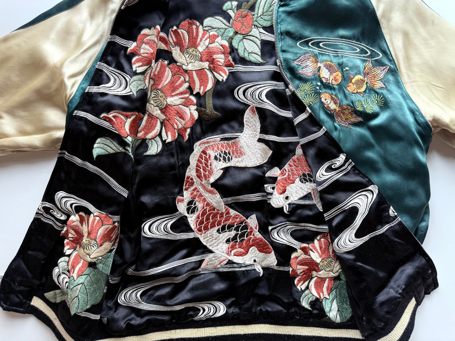 Vintage Reversible Sukajan Jacket Koi Fish Camellia Sakura Goldfish Embroidery Japanese Souvenir Bomber Size L