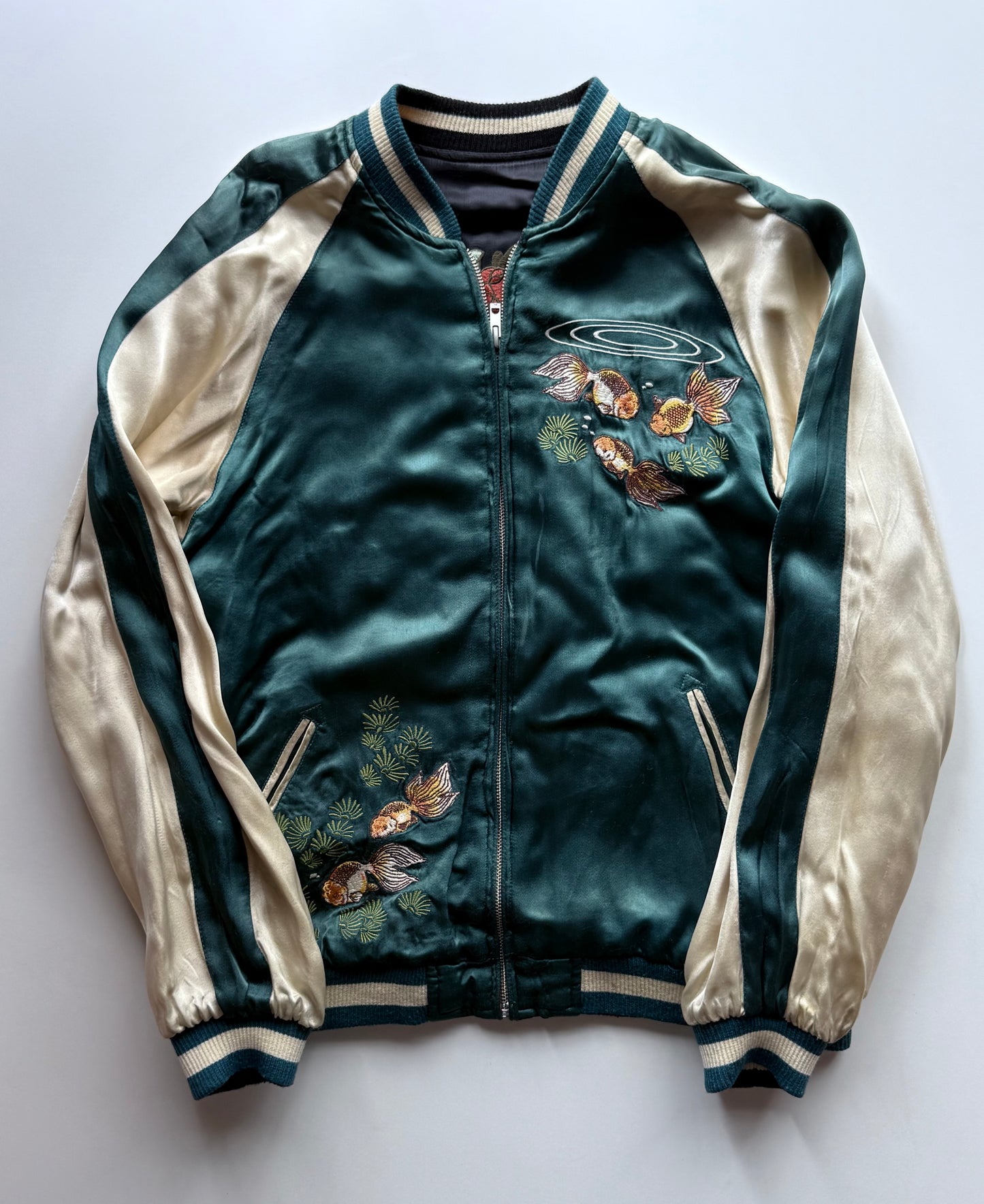 Vintage Reversible Sukajan Jacket Koi Fish Camellia Sakura Goldfish Embroidery Japanese Souvenir Bomber Size L