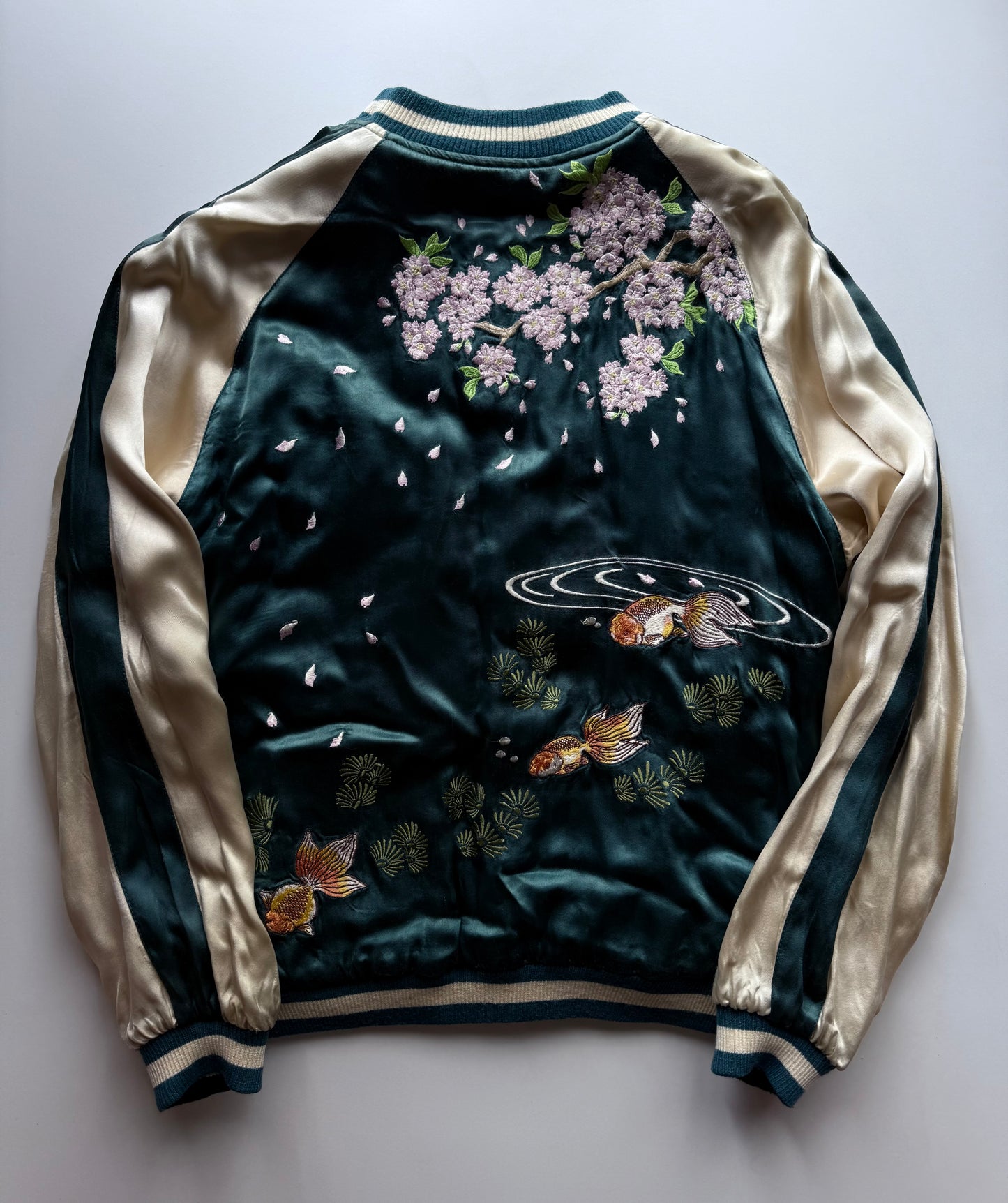 Vintage Reversible Sukajan Jacket Koi Fish Camellia Sakura Goldfish Embroidery Japanese Souvenir Bomber Size L