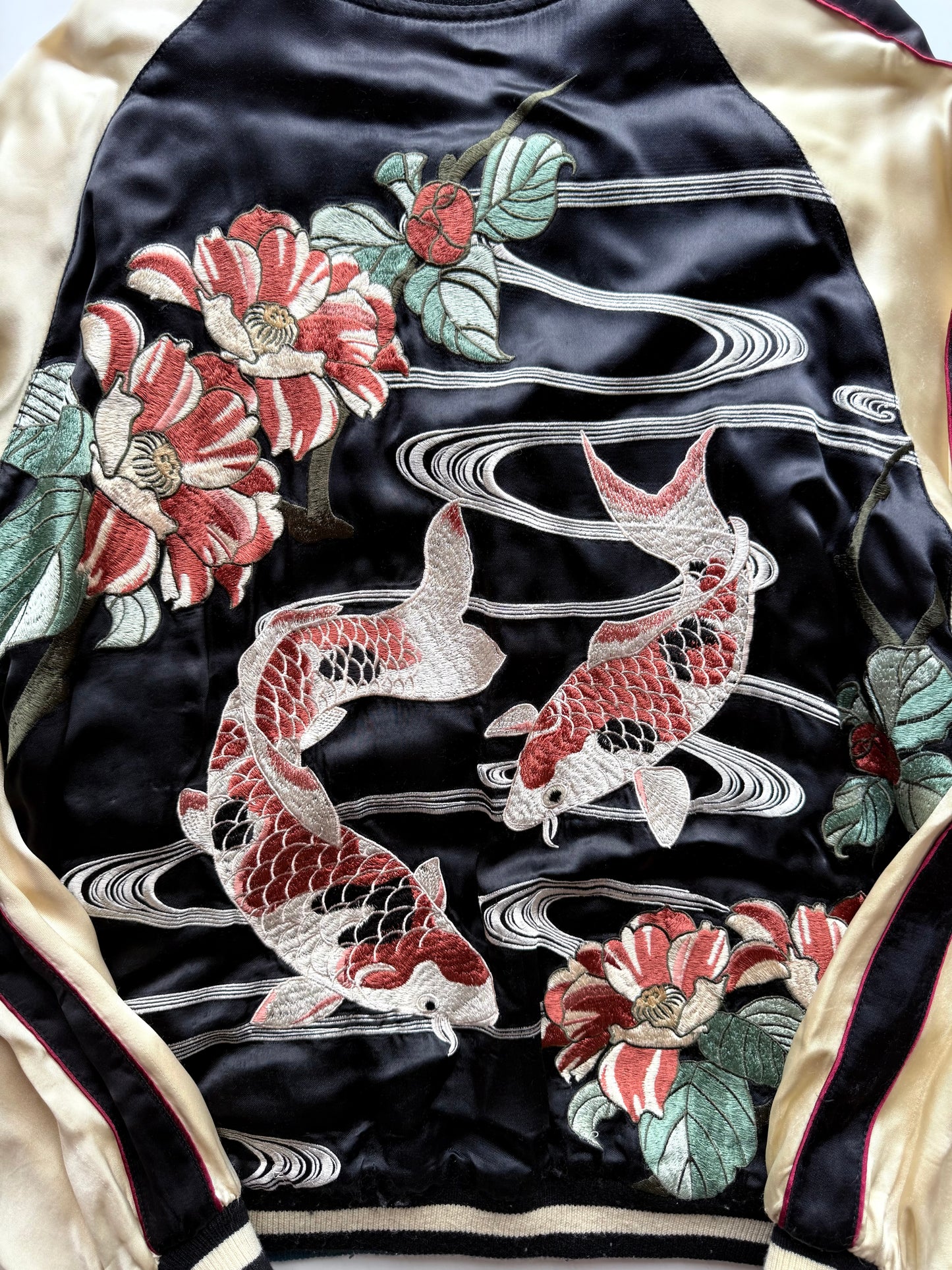 Vintage Reversible Sukajan Jacket Koi Fish Camellia Sakura Goldfish Embroidery Japanese Souvenir Bomber Size L