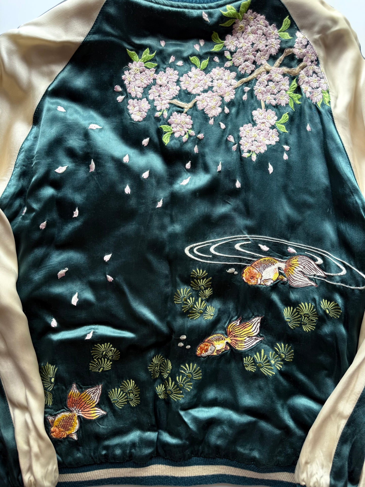 Vintage Reversible Sukajan Jacket Koi Fish Camellia Sakura Goldfish Embroidery Japanese Souvenir Bomber Size L