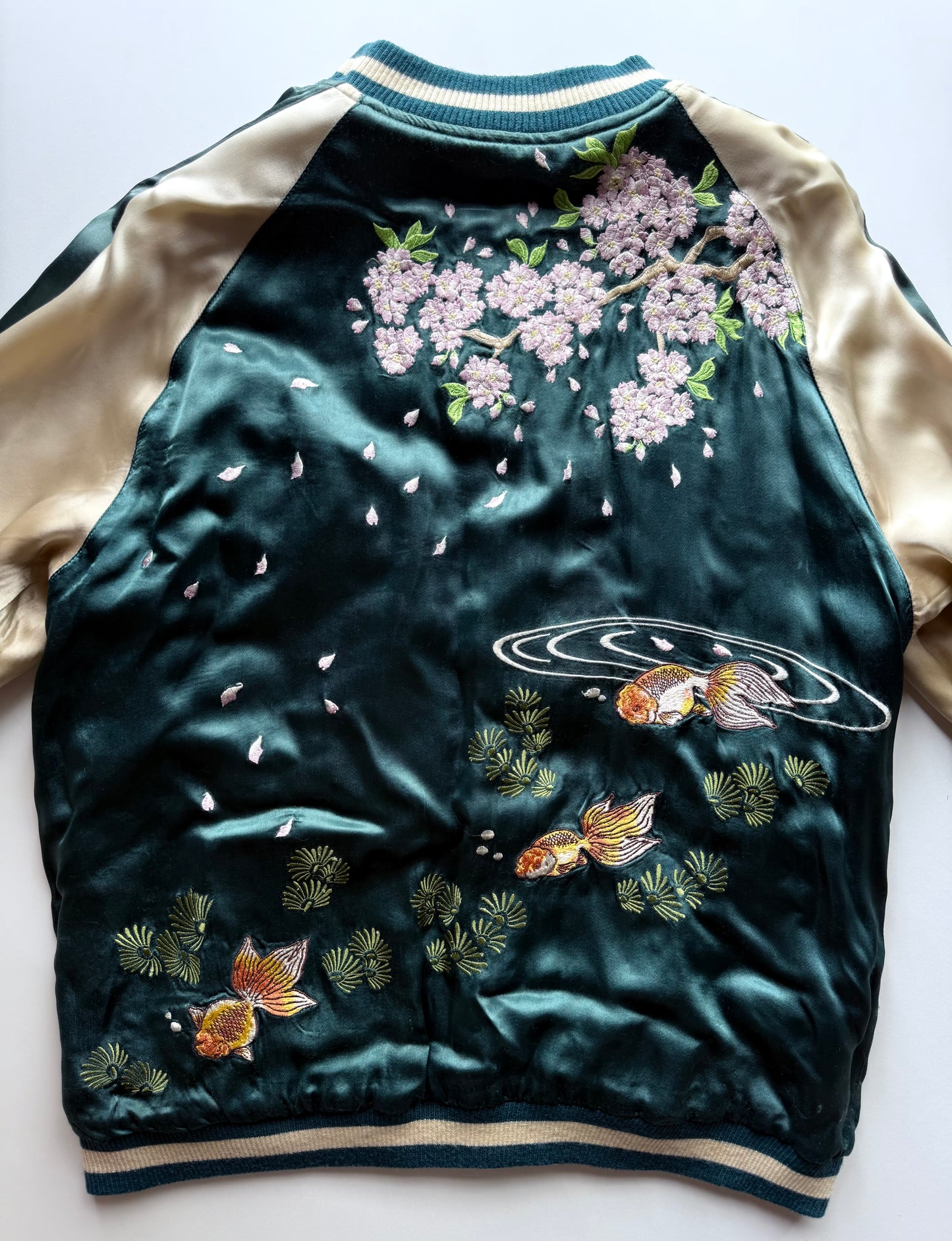 Vintage Reversible Sukajan Jacket Koi Fish Camellia Sakura Goldfish Embroidery Japanese Souvenir Bomber Size L