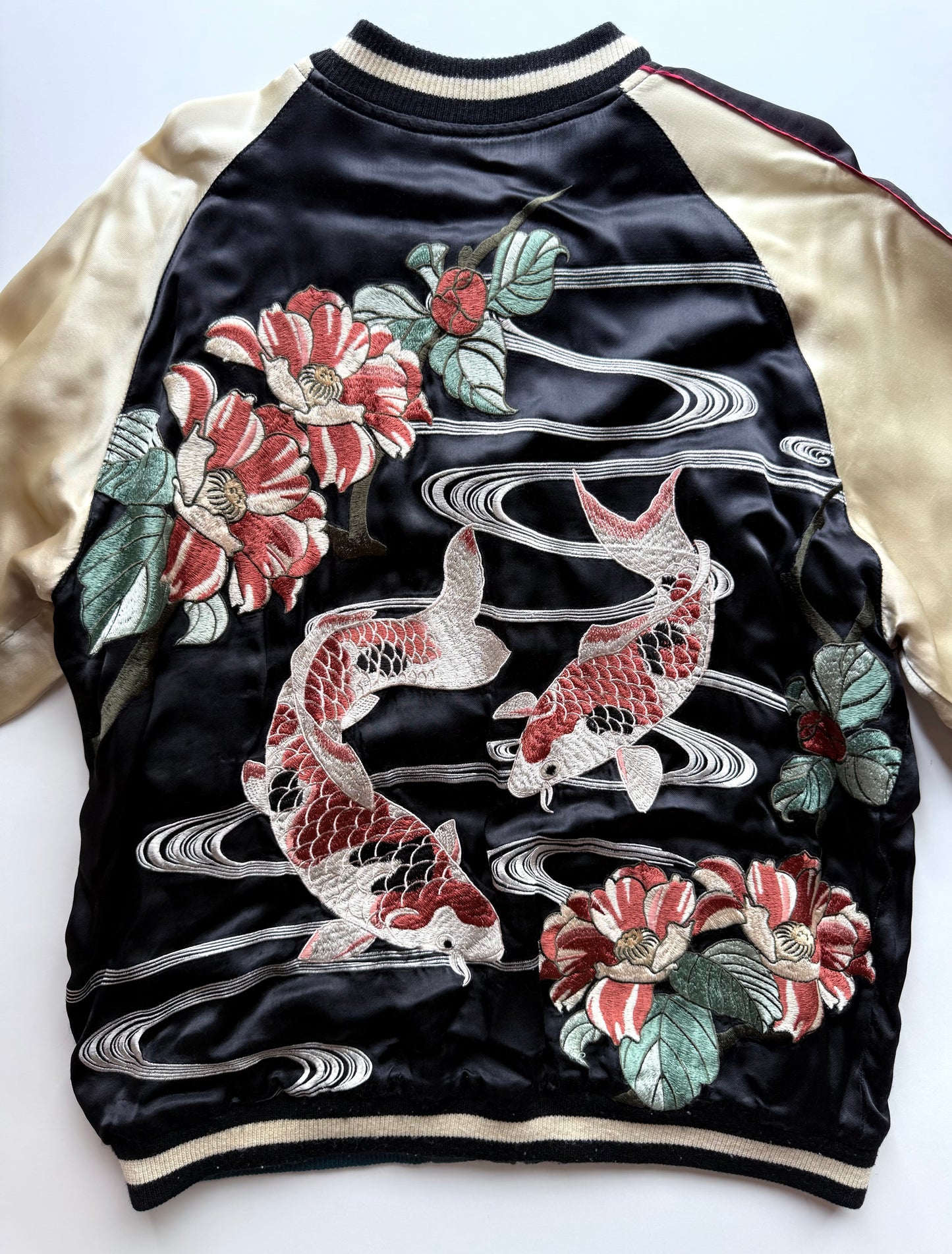 Vintage Reversible Sukajan Jacket Koi Fish Camellia Sakura Goldfish Embroidery Japanese Souvenir Bomber Size L