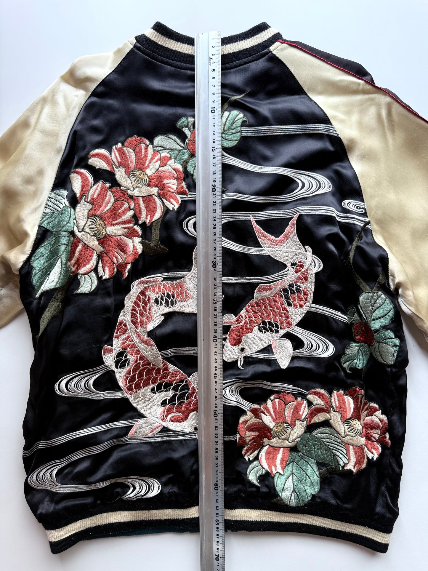 Vintage Reversible Sukajan Jacket Koi Fish Camellia Sakura Goldfish Embroidery Japanese Souvenir Bomber Size L