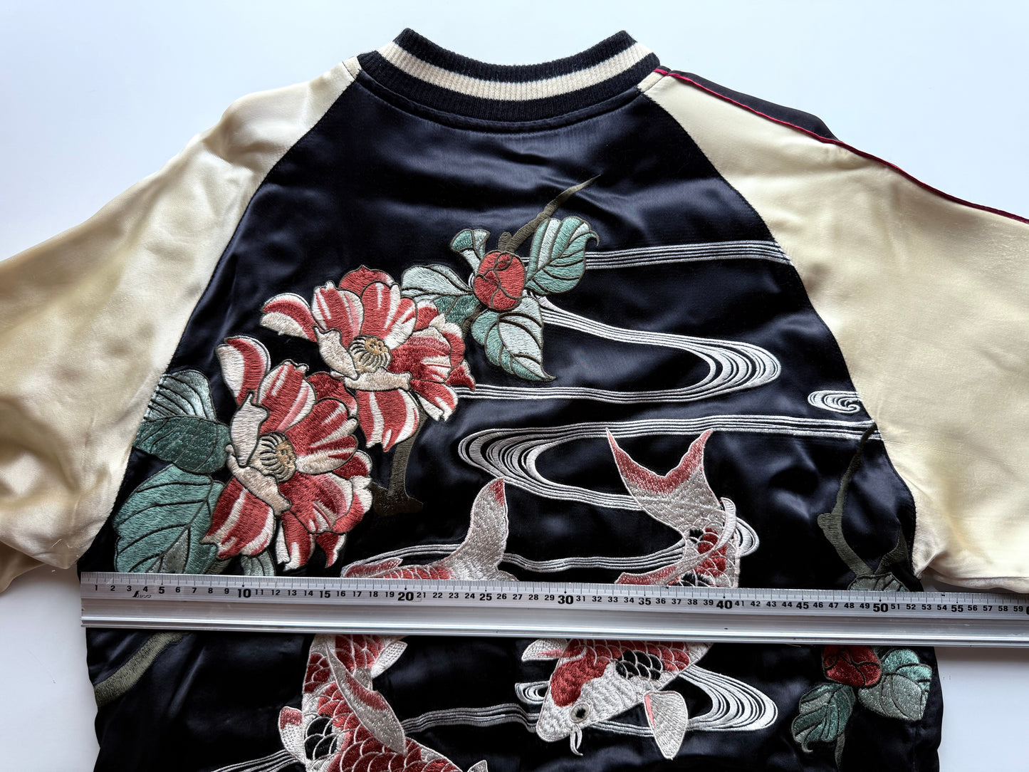 Vintage Reversible Sukajan Jacket Koi Fish Camellia Sakura Goldfish Embroidery Japanese Souvenir Bomber Size L