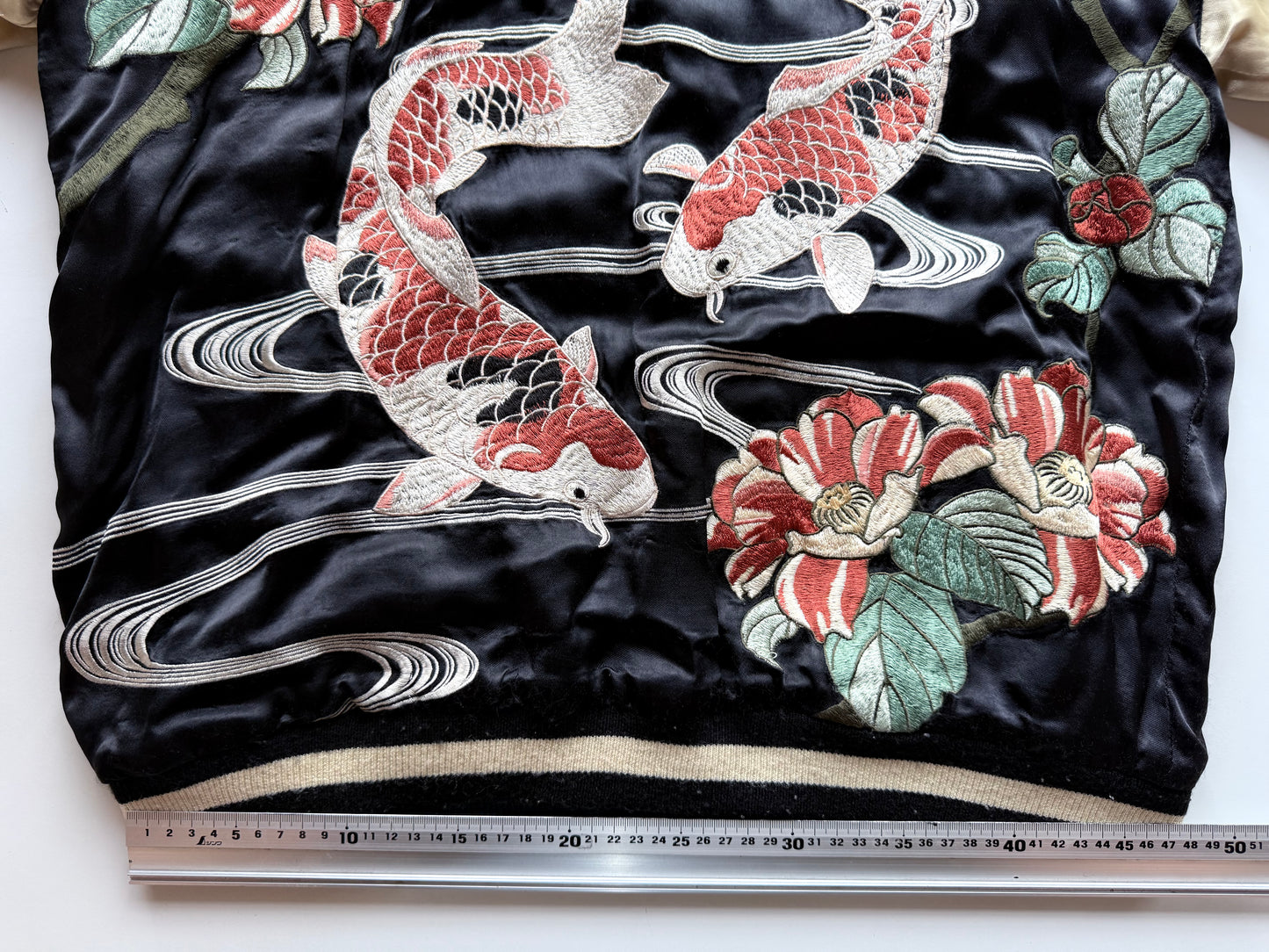Vintage Reversible Sukajan Jacket Koi Fish Camellia Sakura Goldfish Embroidery Japanese Souvenir Bomber Size L