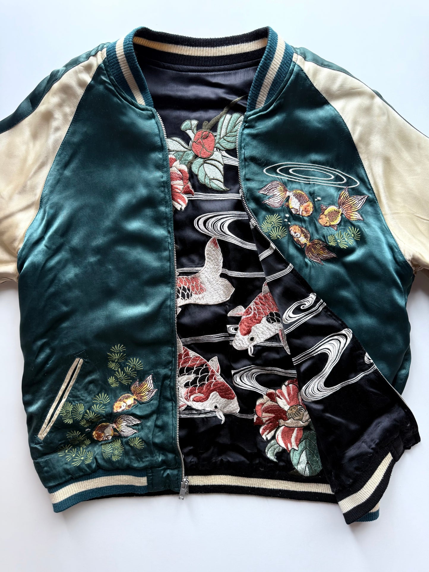 Vintage Reversible Sukajan Jacket Koi Fish Camellia Sakura Goldfish Embroidery Japanese Souvenir Bomber Size L