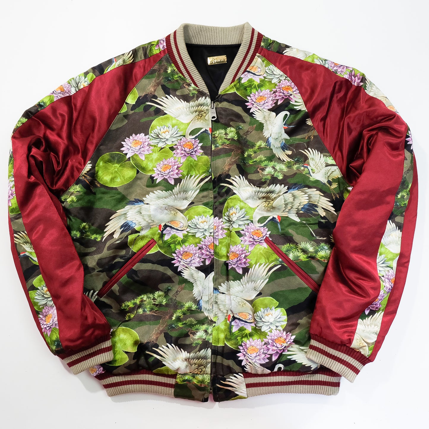 EXILE 24karats Luxury Japanese Embroidery Jacket with Flying Cranes, Lotus Flowers & Black Satin Reverse