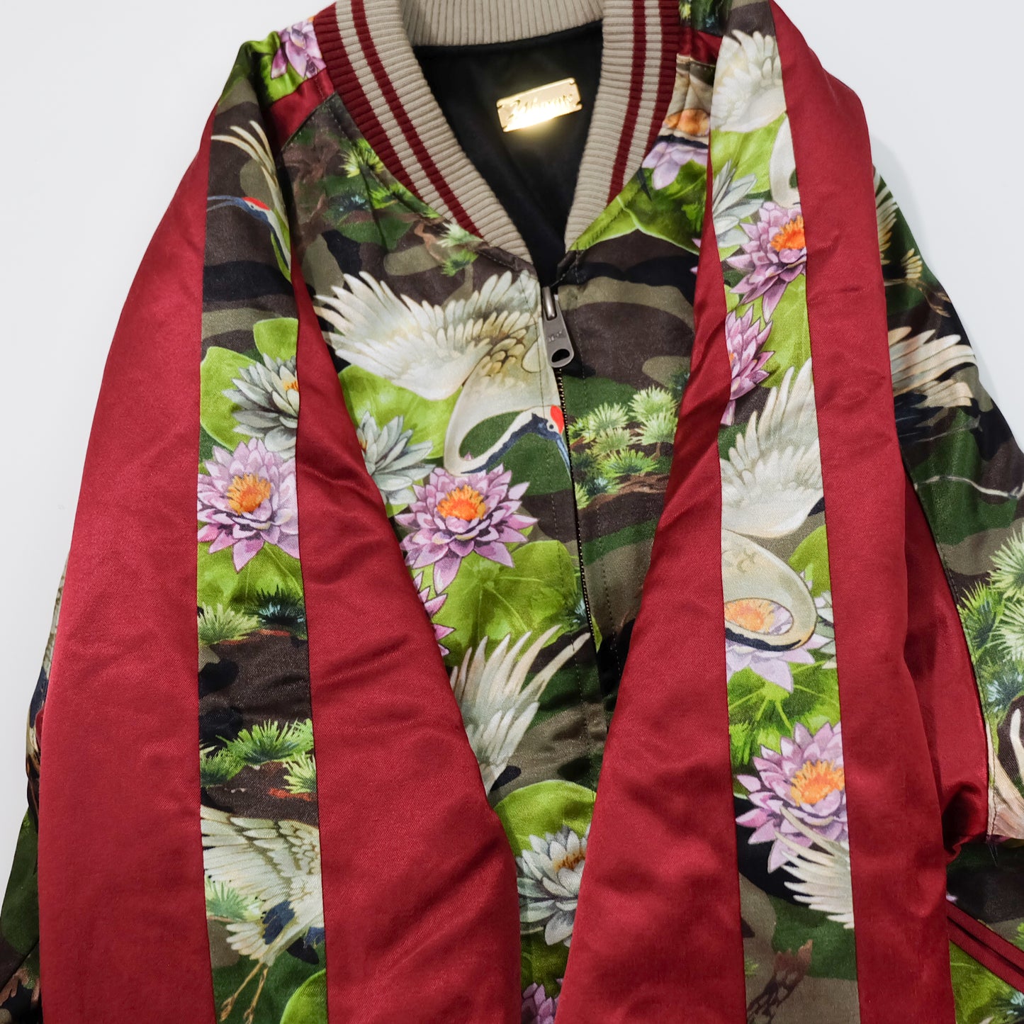 EXILE 24karats Luxury Japanese Embroidery Jacket with Flying Cranes, Lotus Flowers & Black Satin Reverse