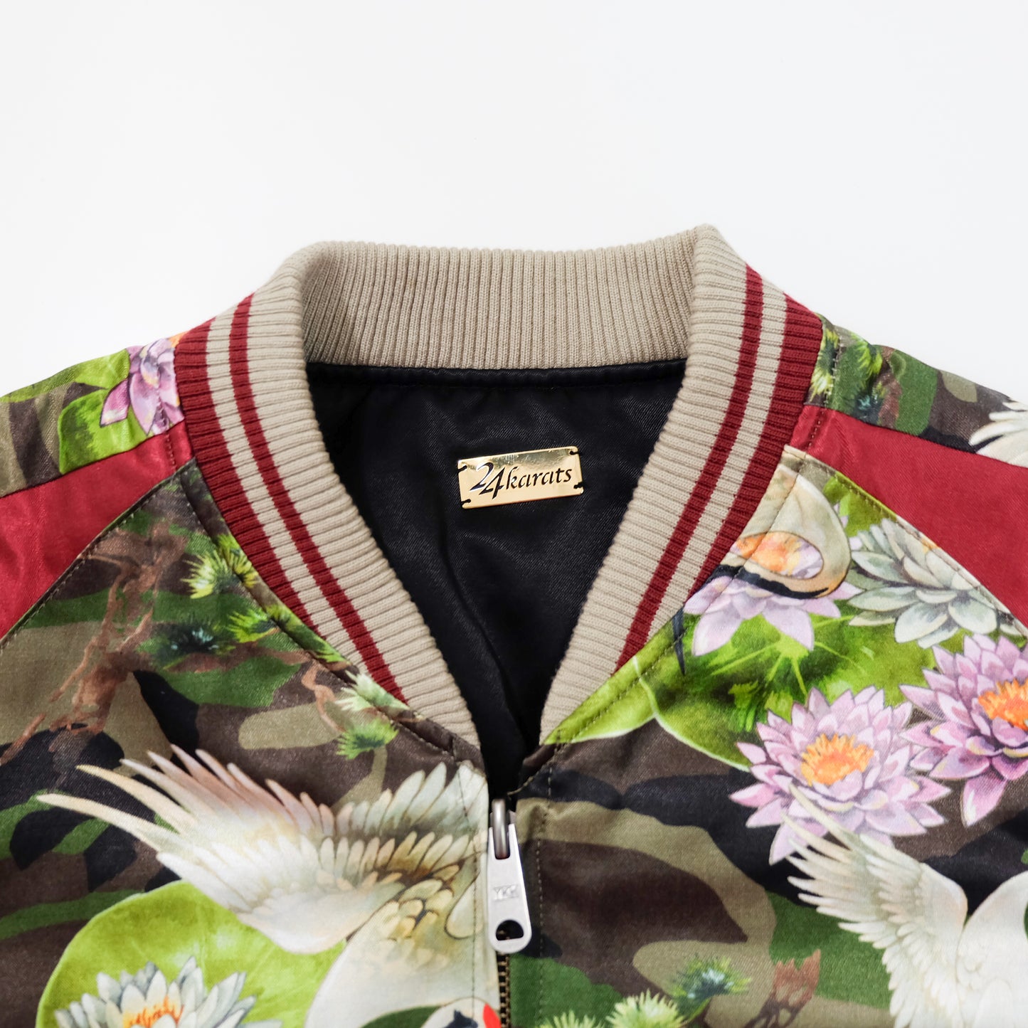 EXILE 24karats Luxury Japanese Embroidery Jacket with Flying Cranes, Lotus Flowers & Black Satin Reverse