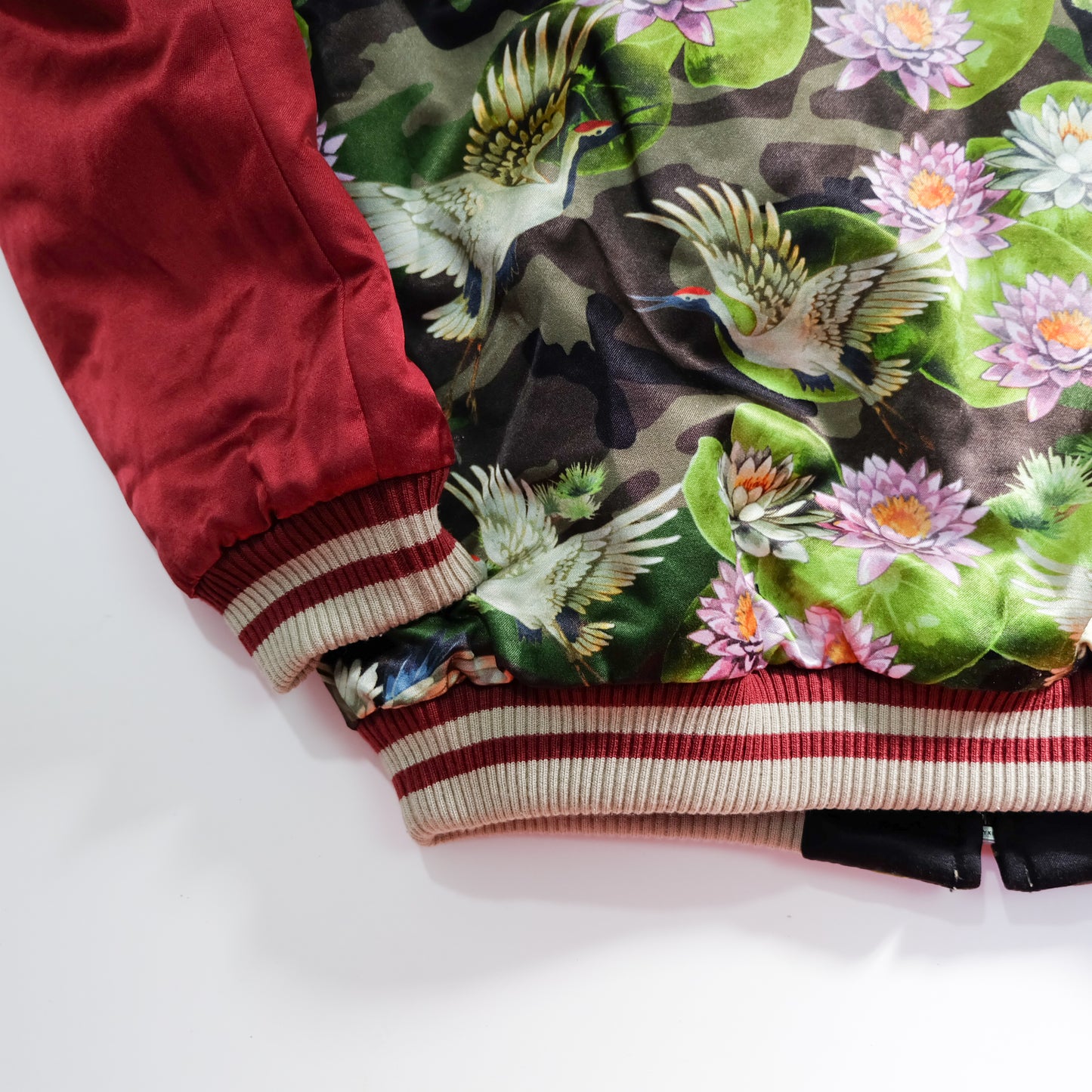 EXILE 24karats Luxury Japanese Embroidery Jacket with Flying Cranes, Lotus Flowers & Black Satin Reverse