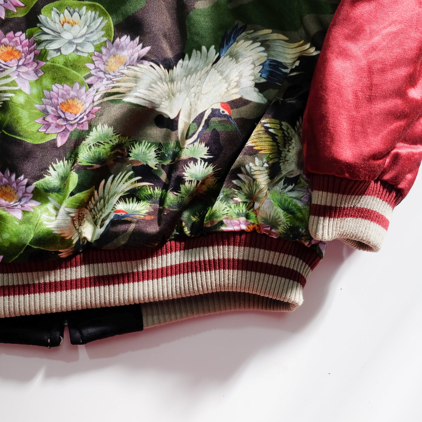 EXILE 24karats Luxury Japanese Embroidery Jacket with Flying Cranes, Lotus Flowers & Black Satin Reverse