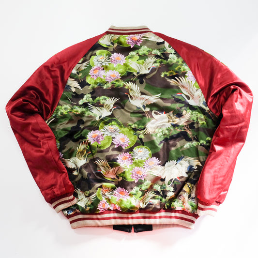 EXILE 24karats Luxury Japanese Embroidery Jacket with Flying Cranes, Lotus Flowers & Black Satin Reverse