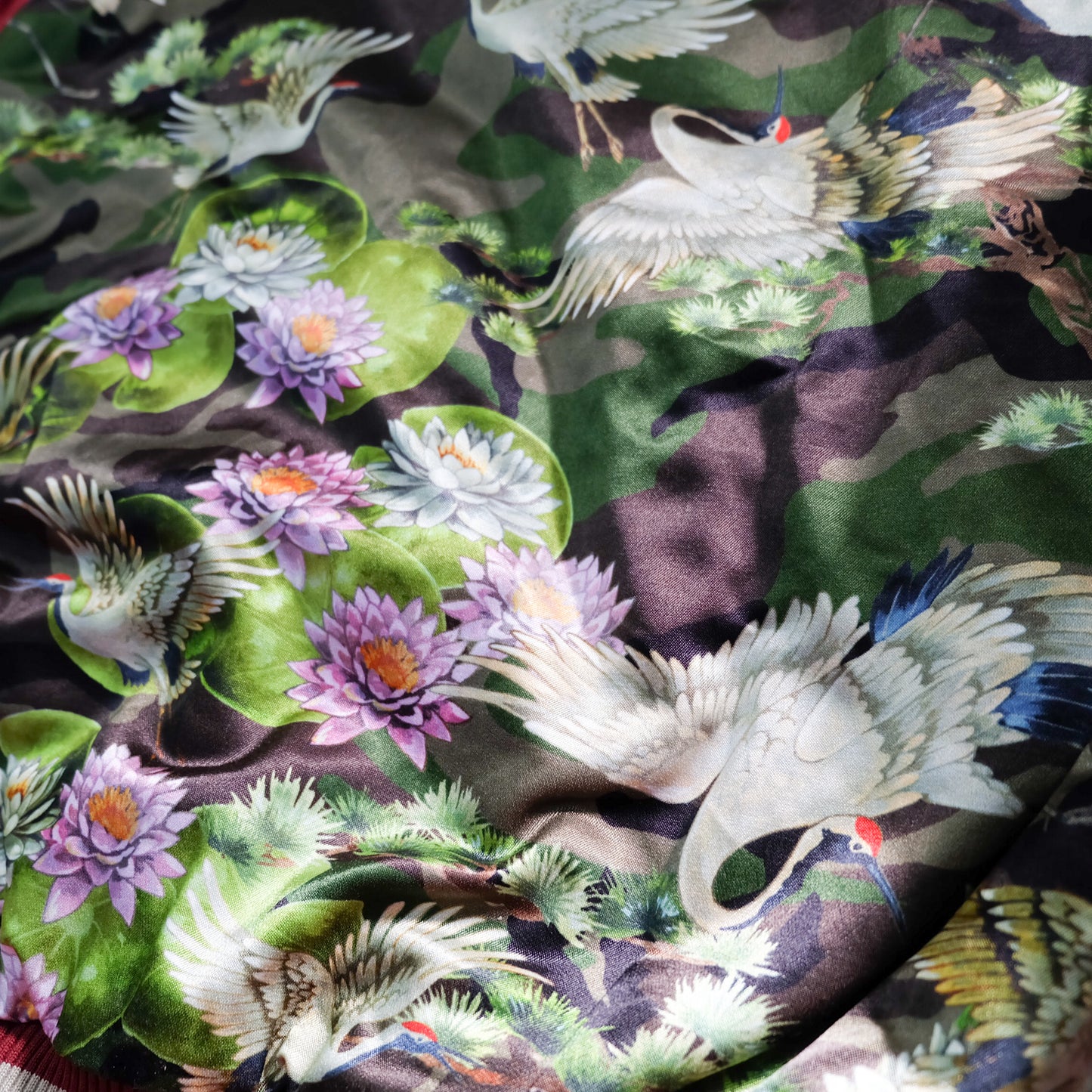 EXILE 24karats Luxury Japanese Embroidery Jacket with Flying Cranes, Lotus Flowers & Black Satin Reverse
