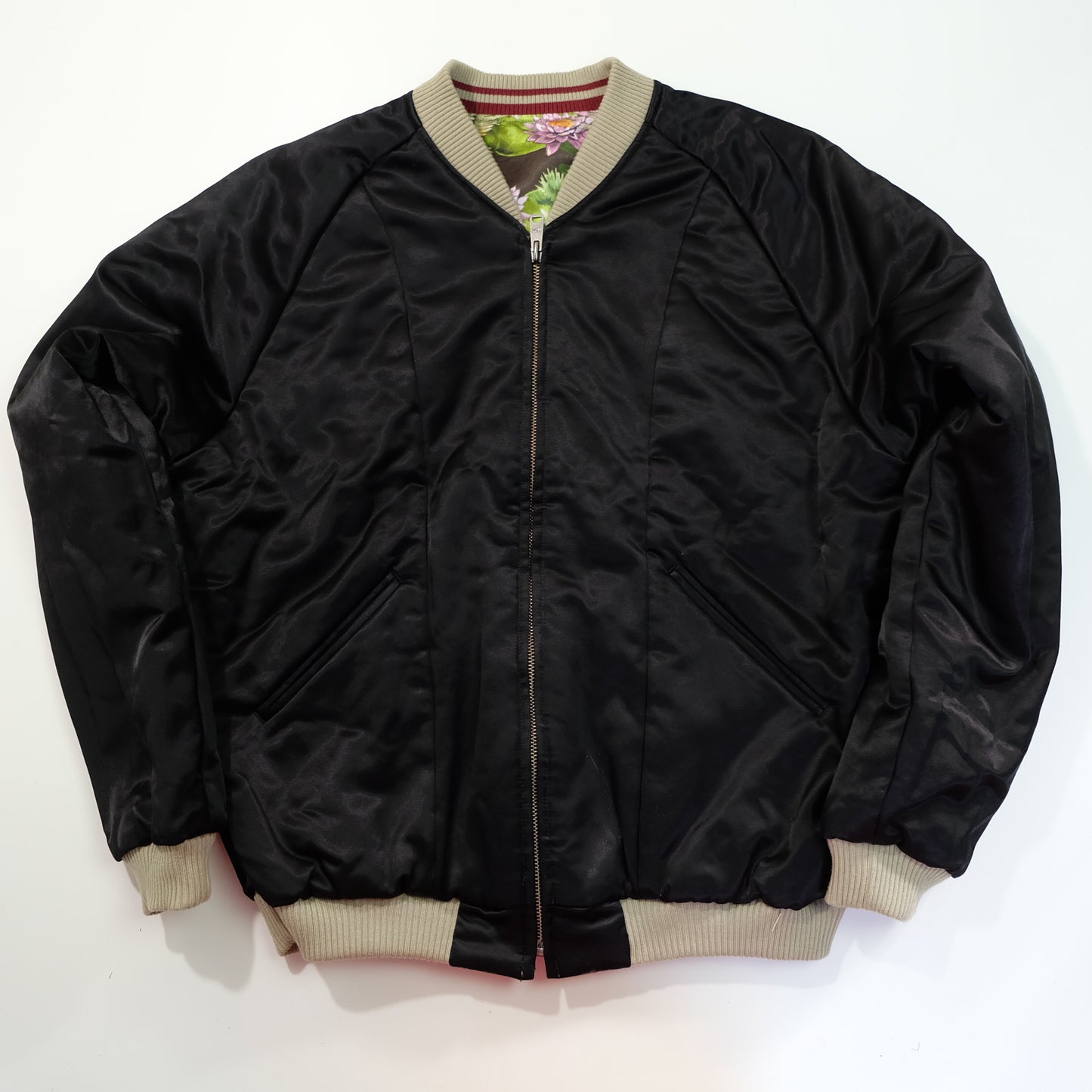 EXILE 24karats Luxury Japanese Embroidery Jacket with Flying Cranes, Lotus Flowers & Black Satin Reverse