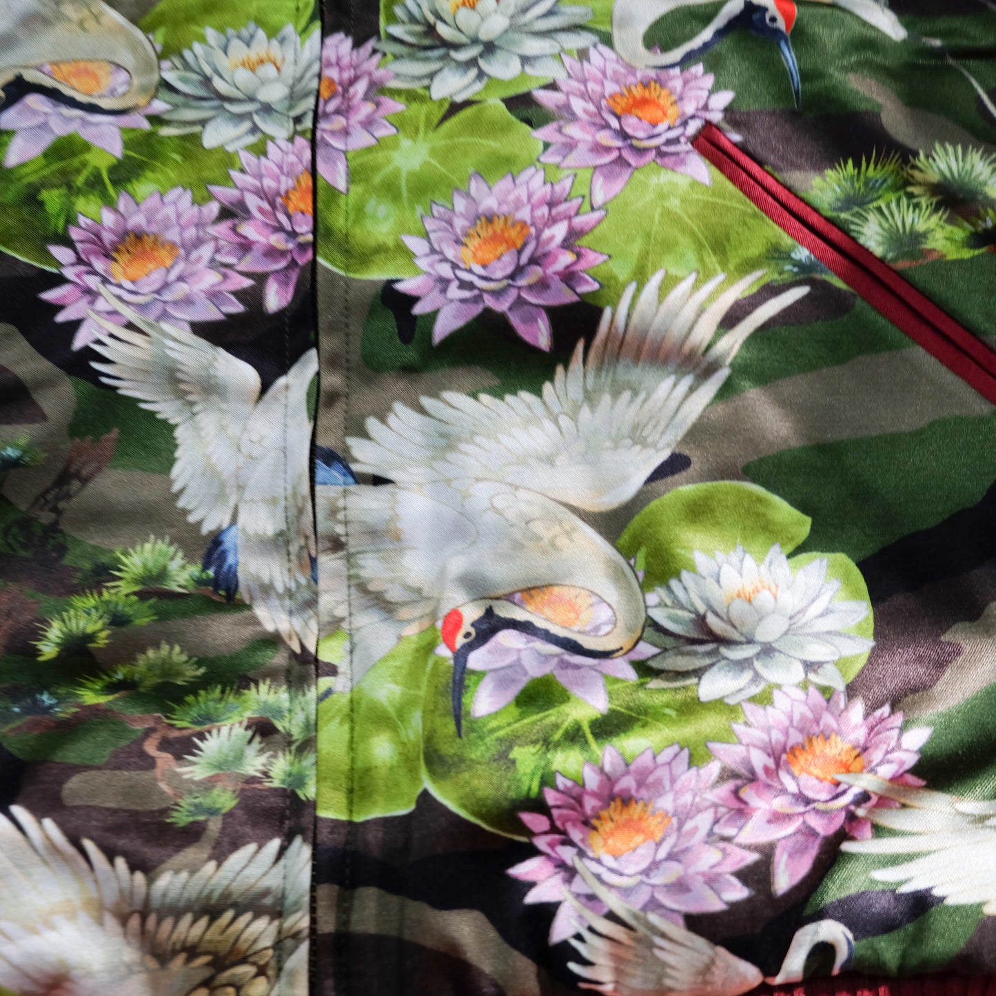 EXILE 24karats Luxury Japanese Embroidery Jacket with Flying Cranes, Lotus Flowers & Black Satin Reverse