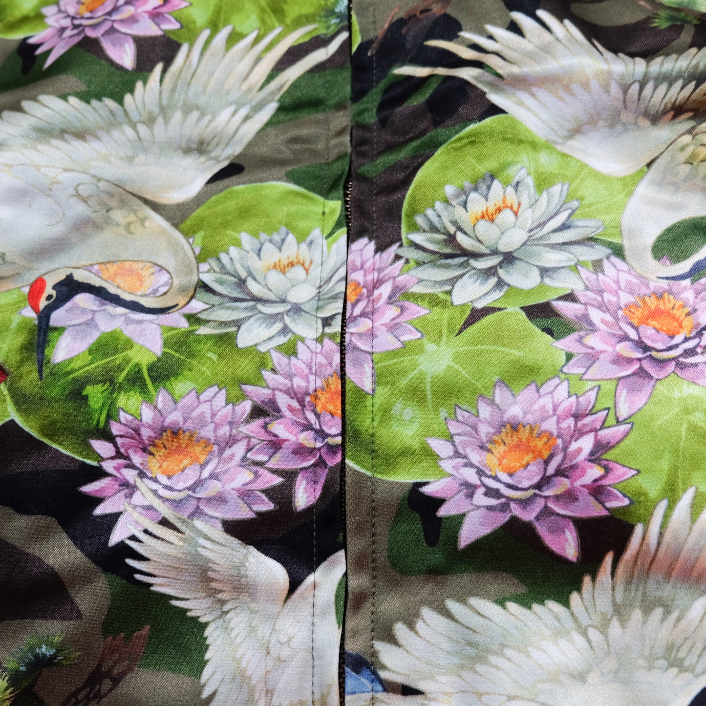 EXILE 24karats Luxury Japanese Embroidery Jacket with Flying Cranes, Lotus Flowers & Black Satin Reverse