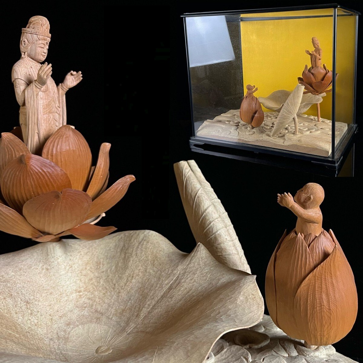Inamura Kaoru — Jibo Kannon (Compassionate Mother) Lotus Shrine Diorama, Master Wood Carving with Display Case (Approx. 41.5 cm)