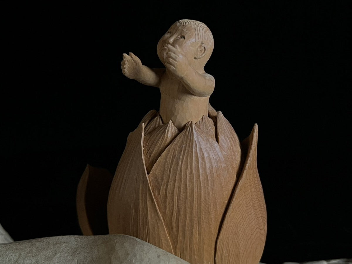 Inamura Kaoru — Jibo Kannon (Compassionate Mother) Lotus Shrine Diorama, Master Wood Carving with Display Case (Approx. 41.5 cm)