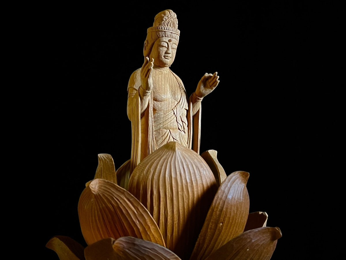 Inamura Kaoru — Jibo Kannon (Compassionate Mother) Lotus Shrine Diorama, Master Wood Carving with Display Case (Approx. 41.5 cm)